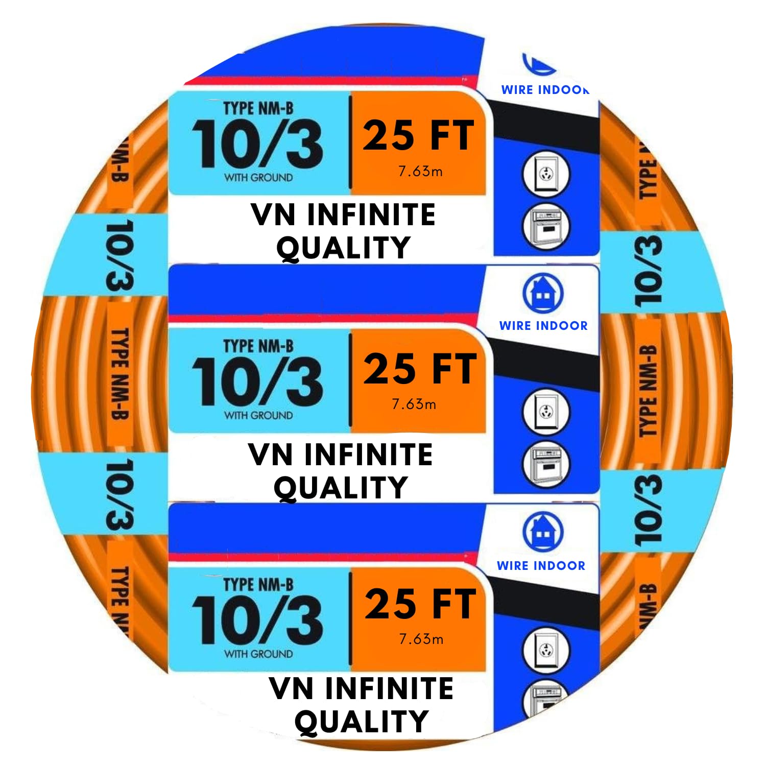 VN Infinite quality 10/3 NM-B Sheathed Cable - Non-Mettalic with Ground Residential Indoor Electrical Wire Type NM-B Orange (25 Ft)