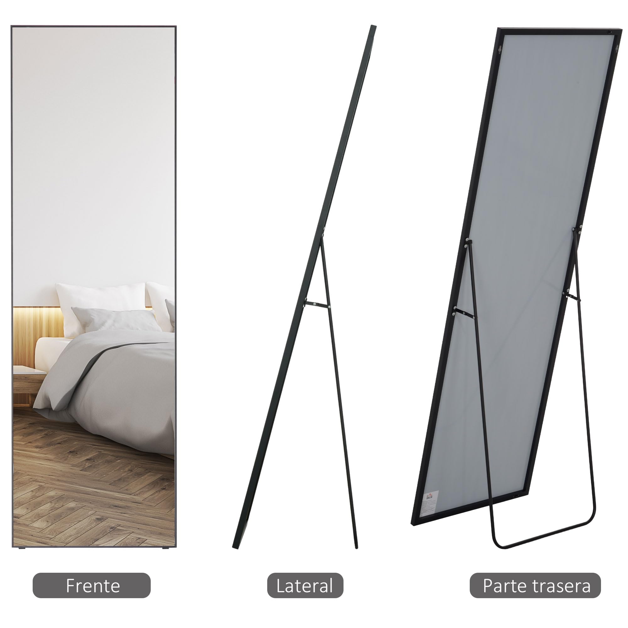 HOMCOM Espejo de Pie Cuerpo Entero 161,5x50 cm con Marco de Aleación de Aluminio Espejo Pared Rectangular con 2 Formas de Uso para Pasillo Dormitorio Salón Vestuario Negro