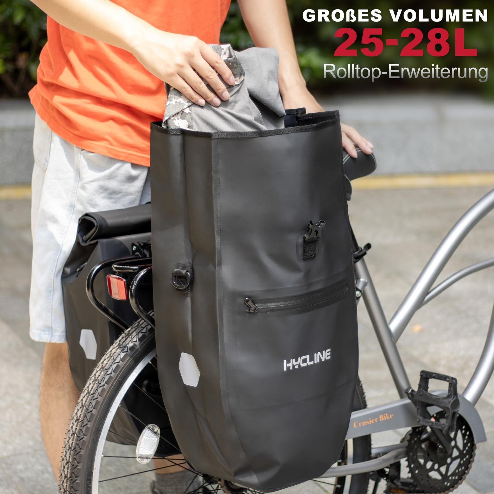 Hycline Fahrradtasche wasserdichte Gepäckträgertasche 2×28L - 3in1 Fahrrad Taschen Hinten Gepäckträger, mit Tragegriff, Schultergurt und Reflektoren, einfache Befestigung für Pendler, Reisen | Schnellverschluss-Systemgriff, Crossbody-Schultergurt, reflekt