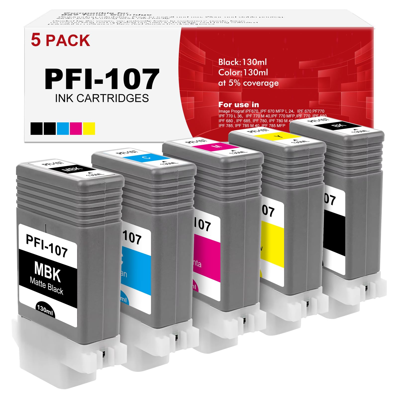 PFI-107 PFI107 Cartucho de Tinta para Canon PFI-107MBK PFI-107BK PFI-107C PFI-107M PFI-107Y para Canon ImagePROGRAF iPF670 iPF685 iPF680 iPF770 iPF785 iPF780 (Negro Mate Amarillo Negro Cian Magenta)