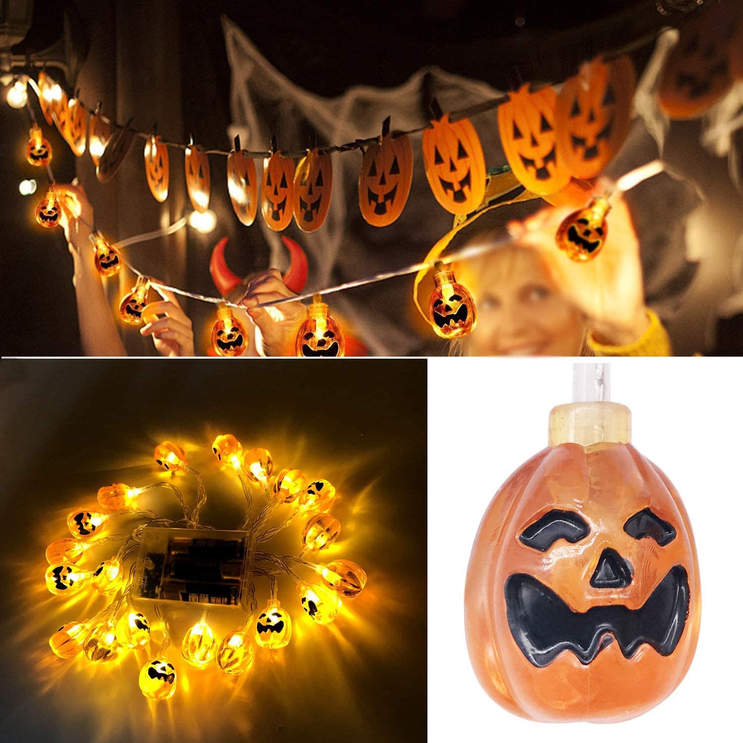 Luci Stringa Halloween, 3M 20 LED Zucca Luci Della Stringa, 2 Modalità di Luci Tremolanti e Fissa, Luci Fata di Halloween Batteria Alimentate, Impermeabile Luce Colorate per Festa Giardino Halloween