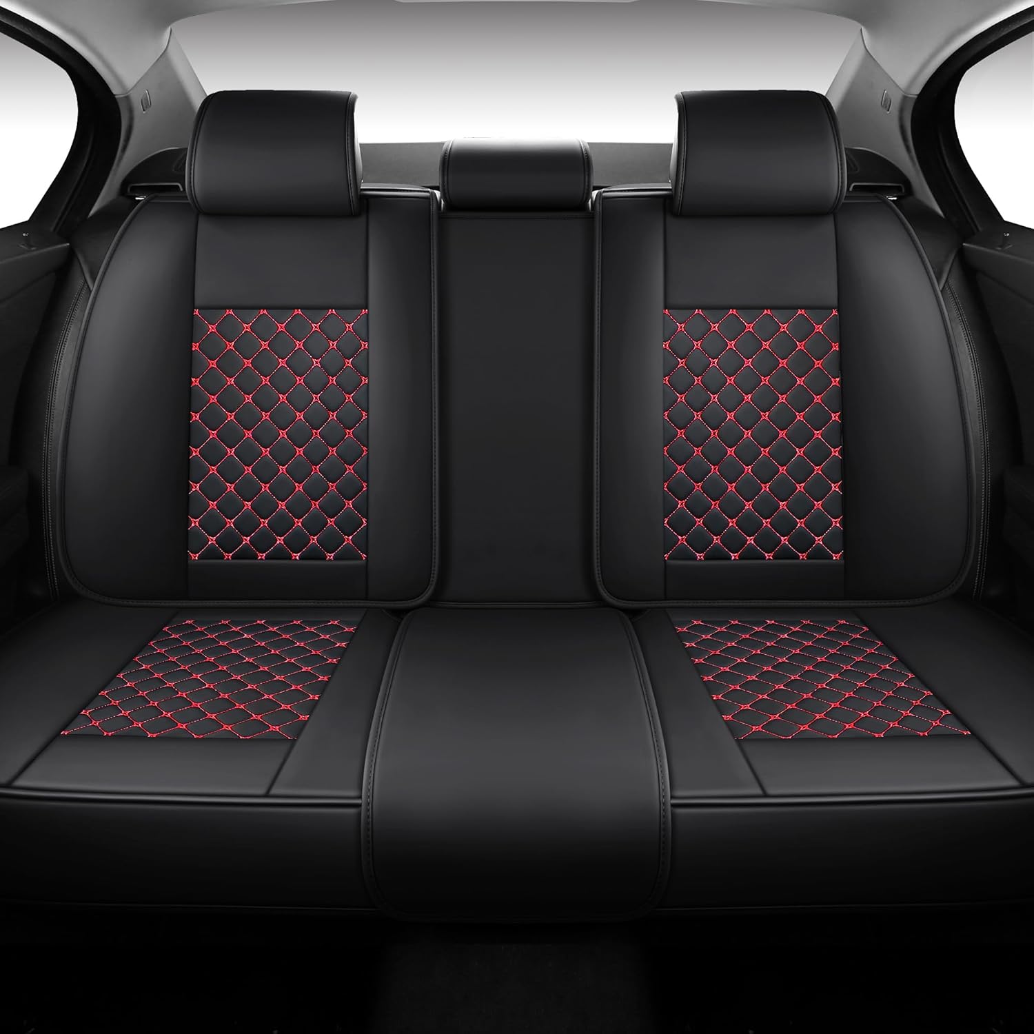 Leather Car Seat Covers,Full Coverage Seat Covers Full Set with Fix Lumber Support,Universal Automotive Seat Covers for Cars,SUVs,Trucks and Sedans (Black&Red, Full Set)