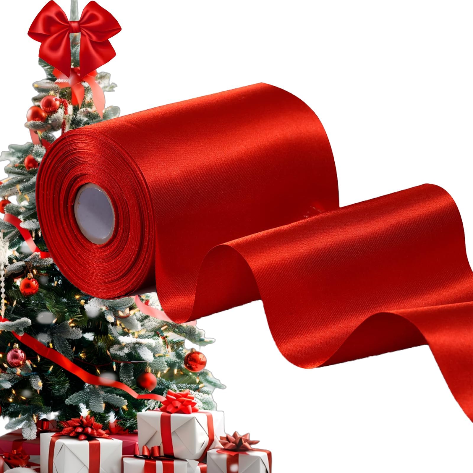 TONIFUL 4 inch Wide Red Solid Satin Ribbon 22 Yards Color Polyester Fabric Ribbons for Chair Sash Wedding Birthday Party Decoration Valentine's Day Craft Car Bows Floral Hair Sewing DIY Gift Warpping.