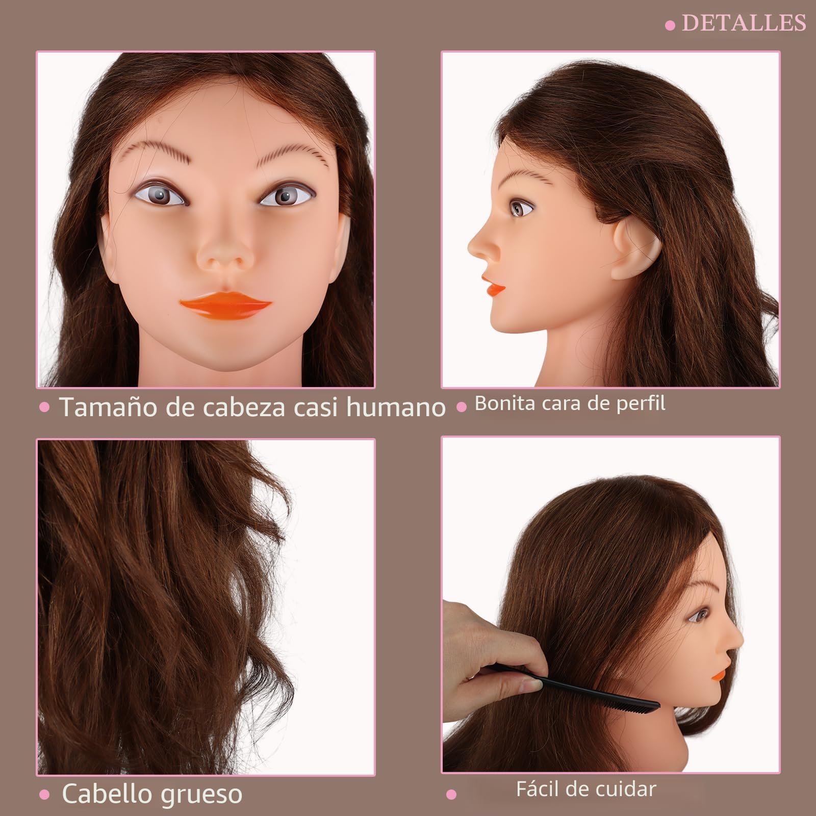 Cabeza Maniquí de Peluquería con Pelo Natural 100%, Marrón, 45cm | Cabeza Mujer Peluqueria Académica, Muñeca para Peinar Cabello Humano, Usado para teñir el cabello y el cabello rizado