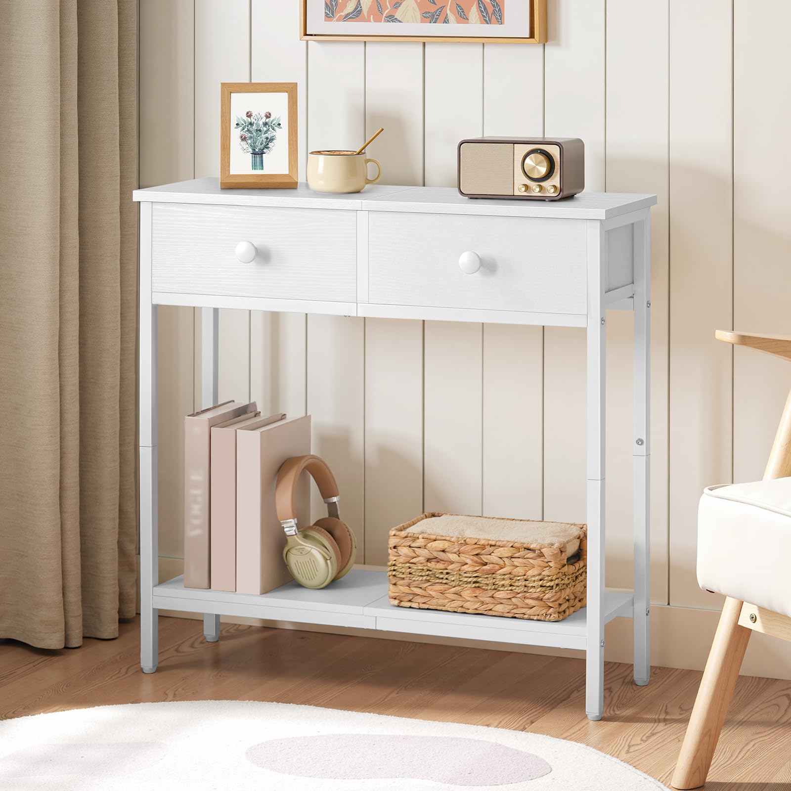HOOBRO Consolle Ingresso, Tavolo con 2 Cassetti di Tessuto, 75 x 24 x 75 cm Tavolo da Divano, per Corridoio, Entrata e Soggiorno, Struttura Stabile, Bianco EWW71XG01
