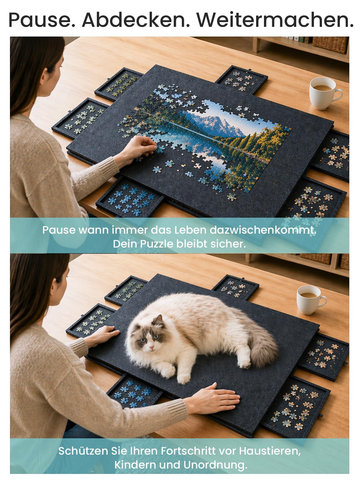Puzzle-Aufbewahrungsbrett mit 6 Schubladen – Neigbare Puzzle-Platte aus Filz für bis zu 1000 Teile – 2-in-1 Puzzletisch mit Ständer & Abdeckung – Leicht & tragbar für Erwachsene & Kinder (Dark Grey)