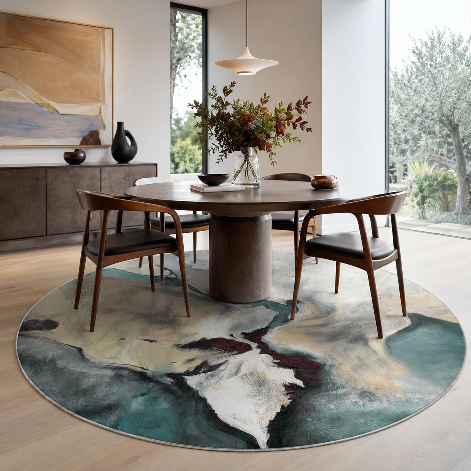 Tapis rond moderne beige et blanc au design abstrait haut de gamme