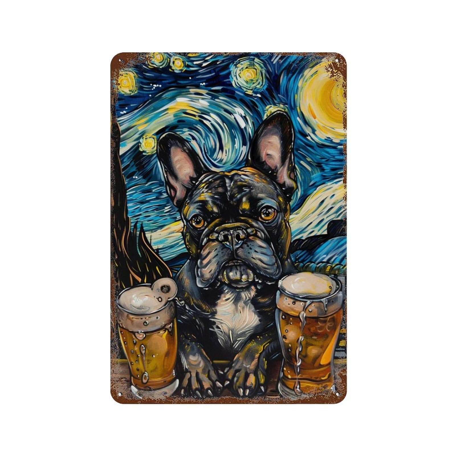 Starry Night French Bulldog Art Print 11.8"x7.9" Decorative Tin Sign, Retro Wall Decor for Bistro, Counter And Cafe Decor