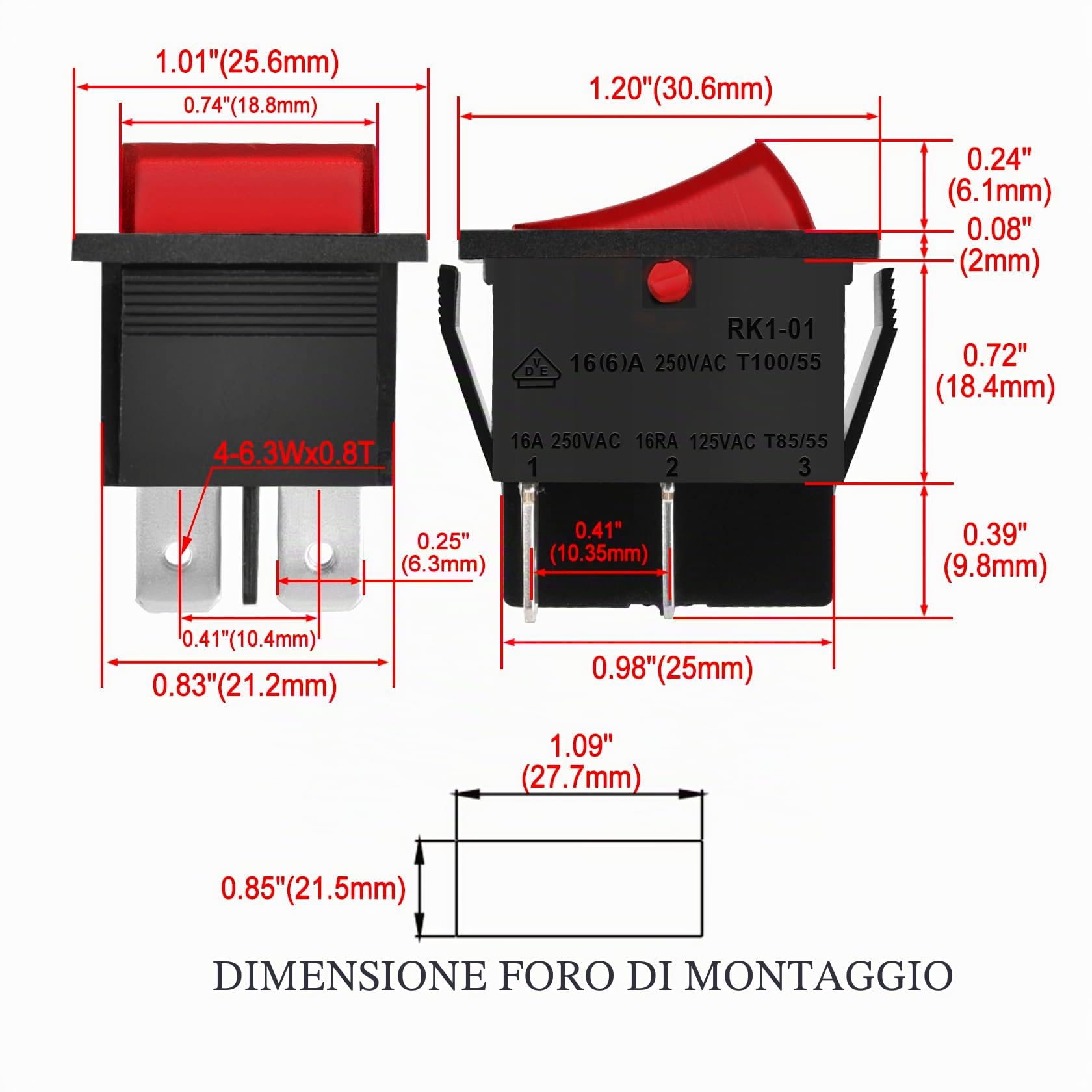 Heschen Interruttore a bilanciere, acceso/spento, DPST, 4 terminali con luce rossa, 16A 250V CA (2)