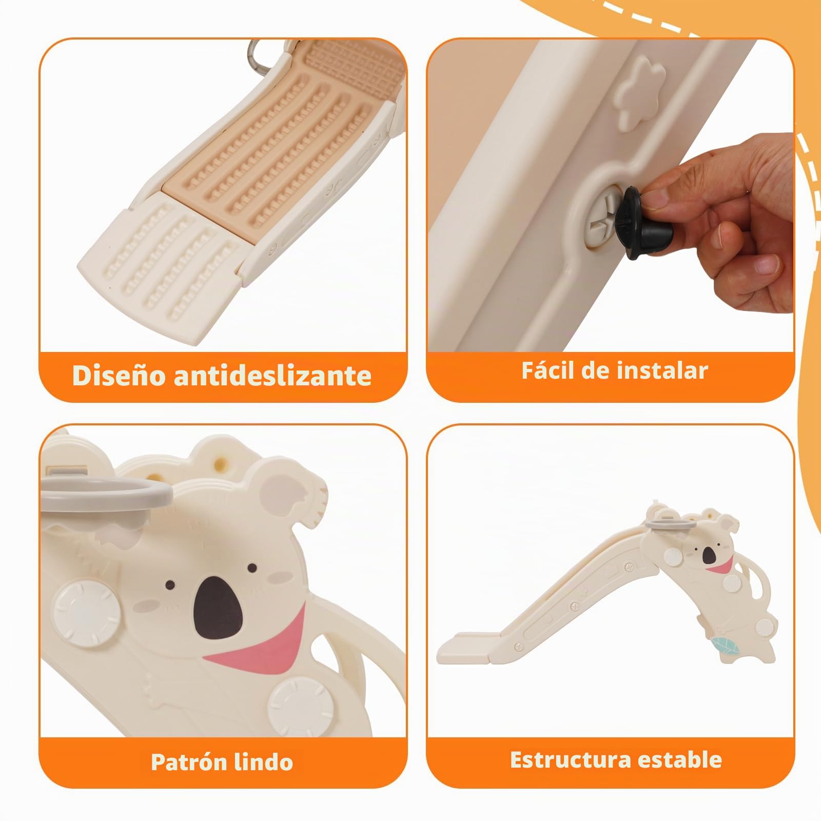 Tobogán infantil 4-en-1 con canasta y anillas. Estructura plegable, antideslizante, ideal 2-4 años
