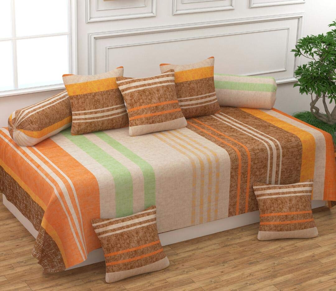 Diwan Cotton Single Bedsheet with Cushions for Living Room 5 and boosters 2 Pieces - Set of 8 Combo (Brown PATTA)(Design 037)-picture-10