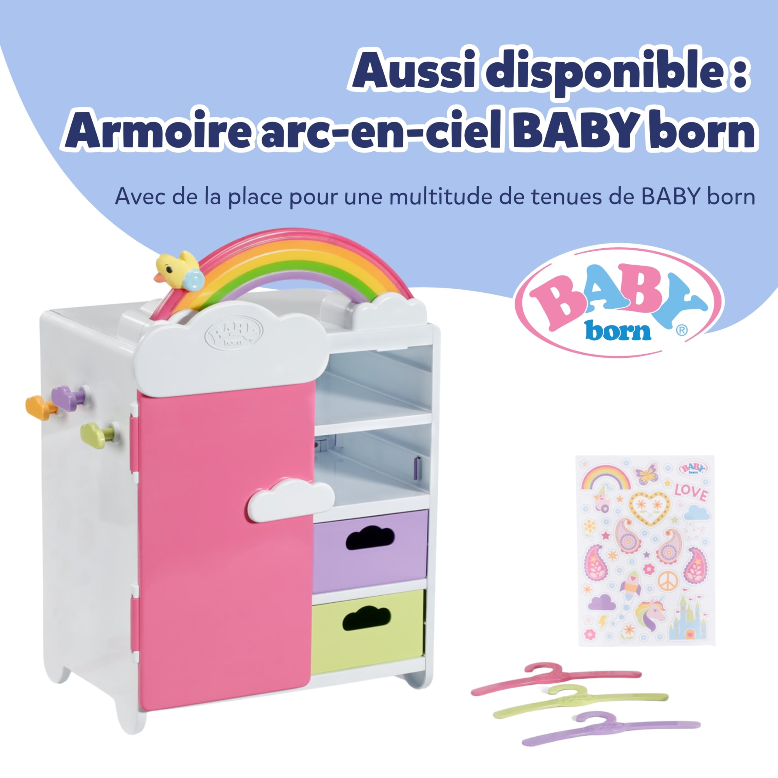 BABY born Lit Arc-en-Ciel - Lit de poupée avec lumière Arc-en-Ciel & mélodie pour s'endormir - Accessoires pour poupées avec literie réversible & Autocollants - pour Enfants à partir de 3 Ans
