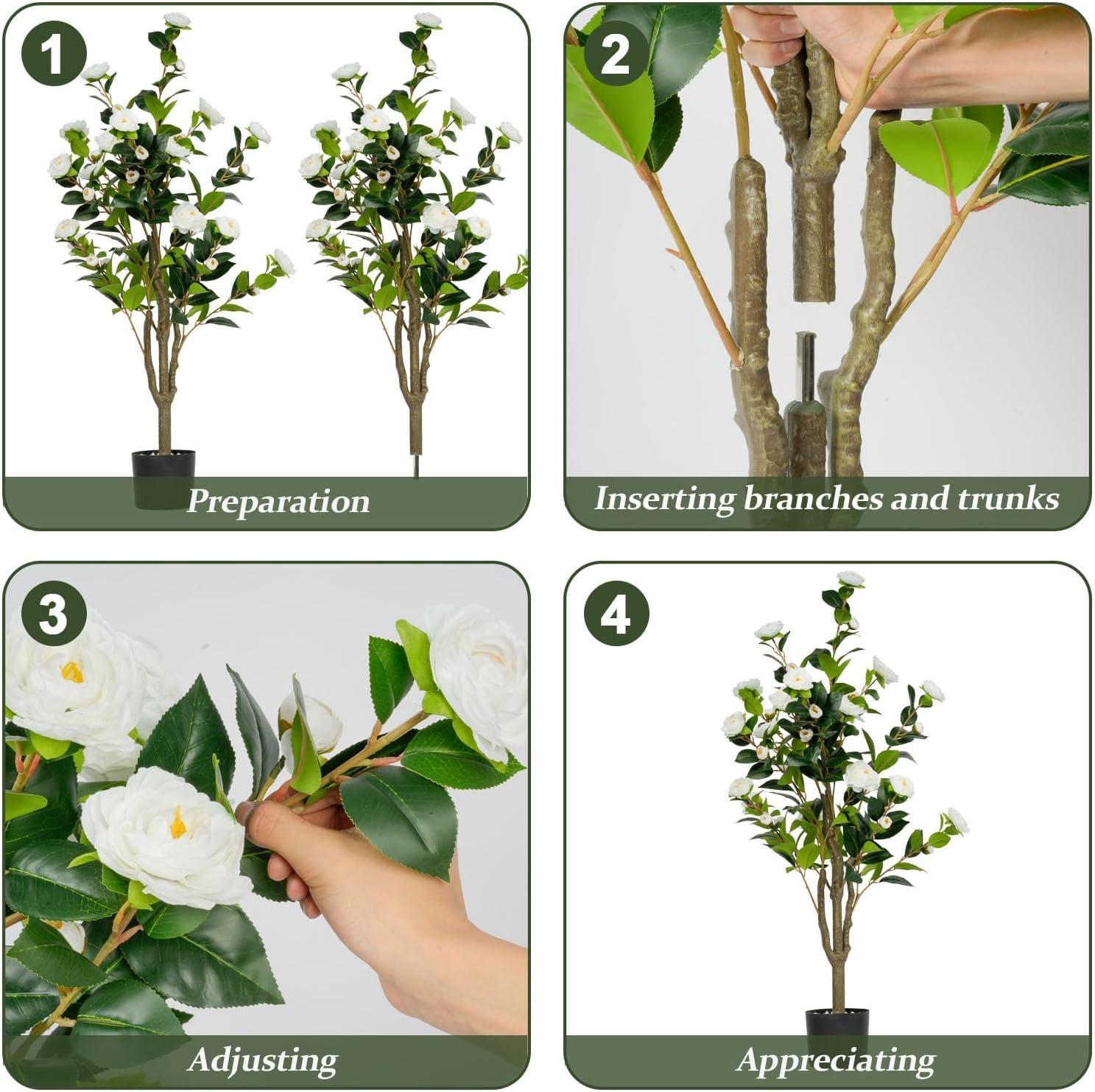 NYPP Albero di camelia artificiale, 1 m, fiori bianchi e foglie verdi, pseudofite, per ufficio, casa, soggiorno, pavimento, veranda, decorazione, facile manutenzione (confezione da 2, bianco