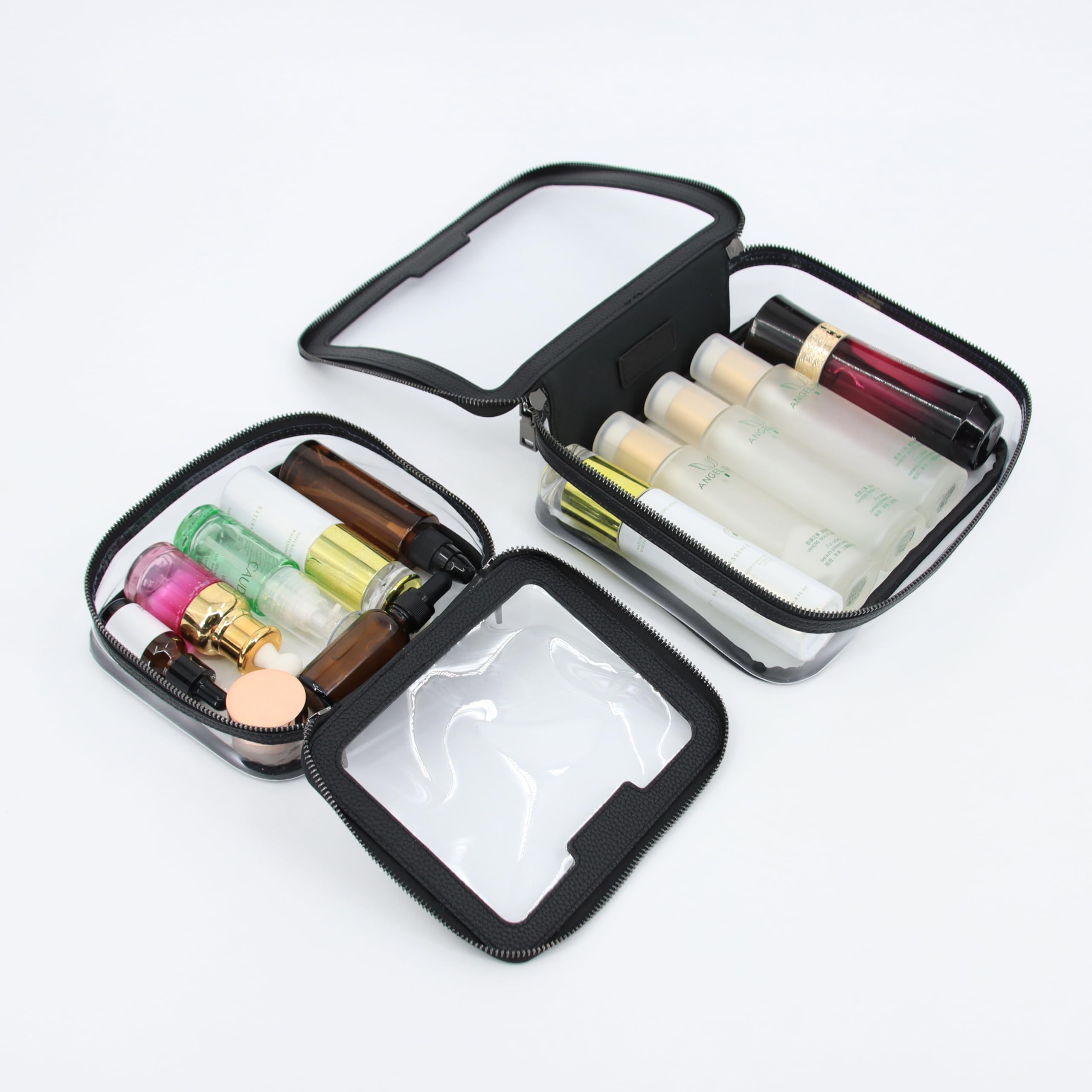 Duo, wasserdichtes Kulturbeutel, Reise-Set, transparenter PVC-Reißverschluss, Kosmetik-Organizer und Make-up-Tasche, 2 Stück, groß und klein, veganes Leder, schwarze Taschen für Damen und Herren