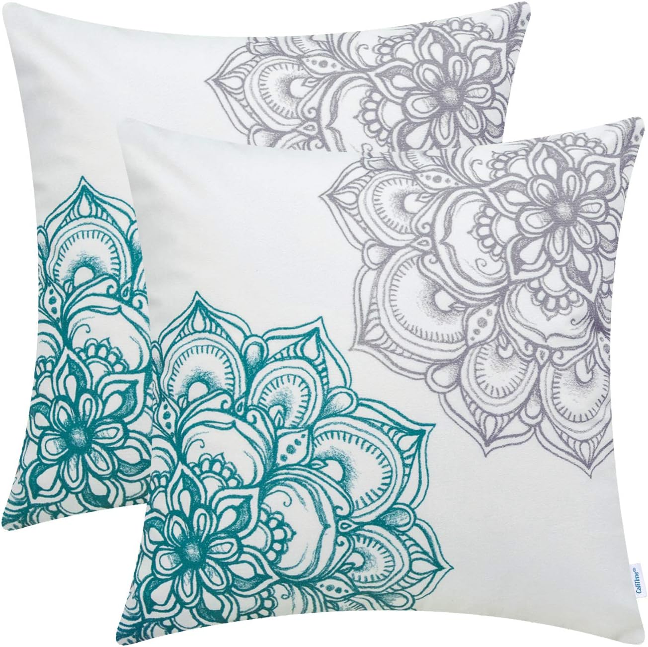 Pack of 2 CaliTime Cozy Fleece Throw Pillow Cases Covers for Couch Bed Sofa Vintage Dahlia Floral Both Sides 16 X 16 Inches Grey Teal