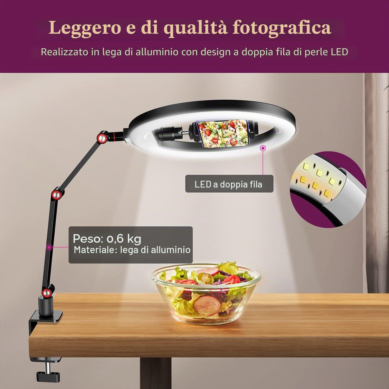 Ring Light 10'' da Tavolo per Ufficio, Lampada Videoconferenza con Supporto Regolabile per YouTube Tiktok