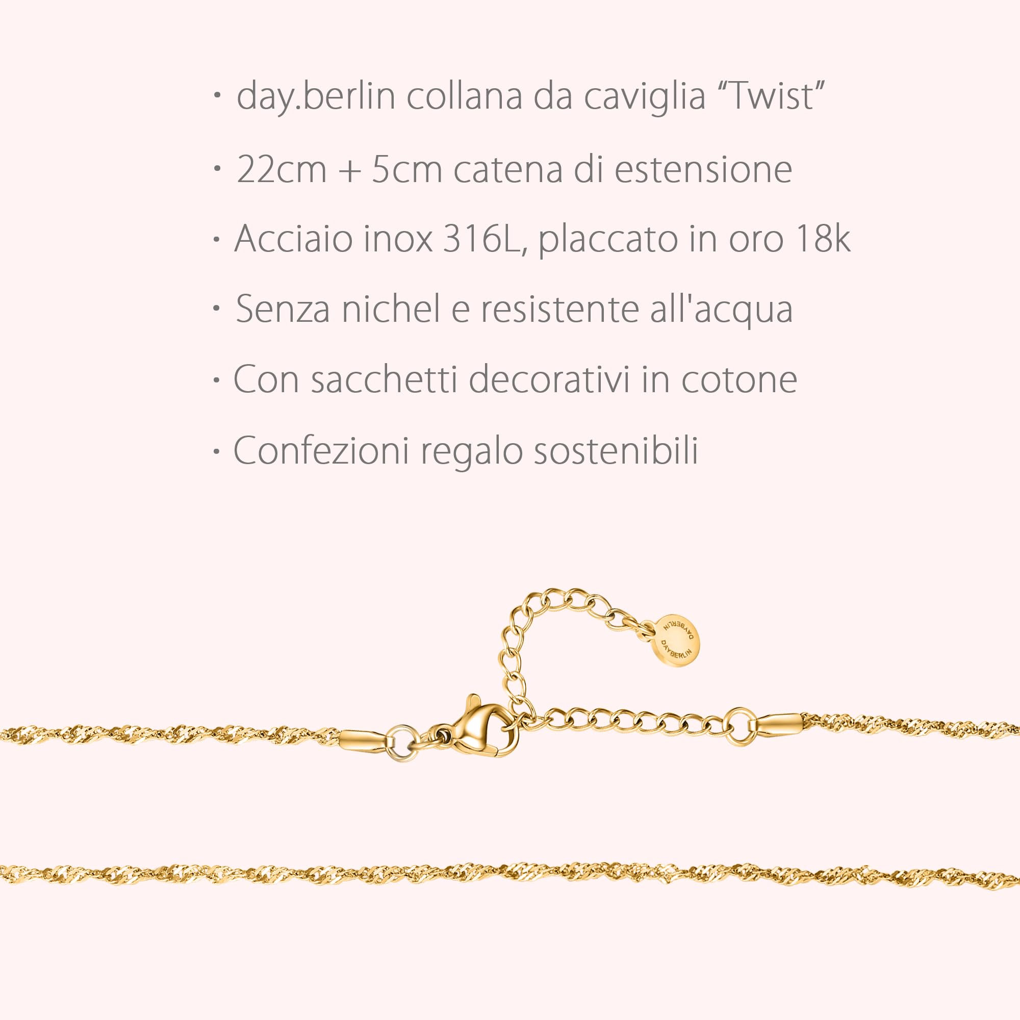 day.berlin cavigliera Twist da donna placcata oro 18k, cordoncino ritorto di base, 22+5cm regolabile, acciaio inox 316L, senza nichel e resistente all'acqua