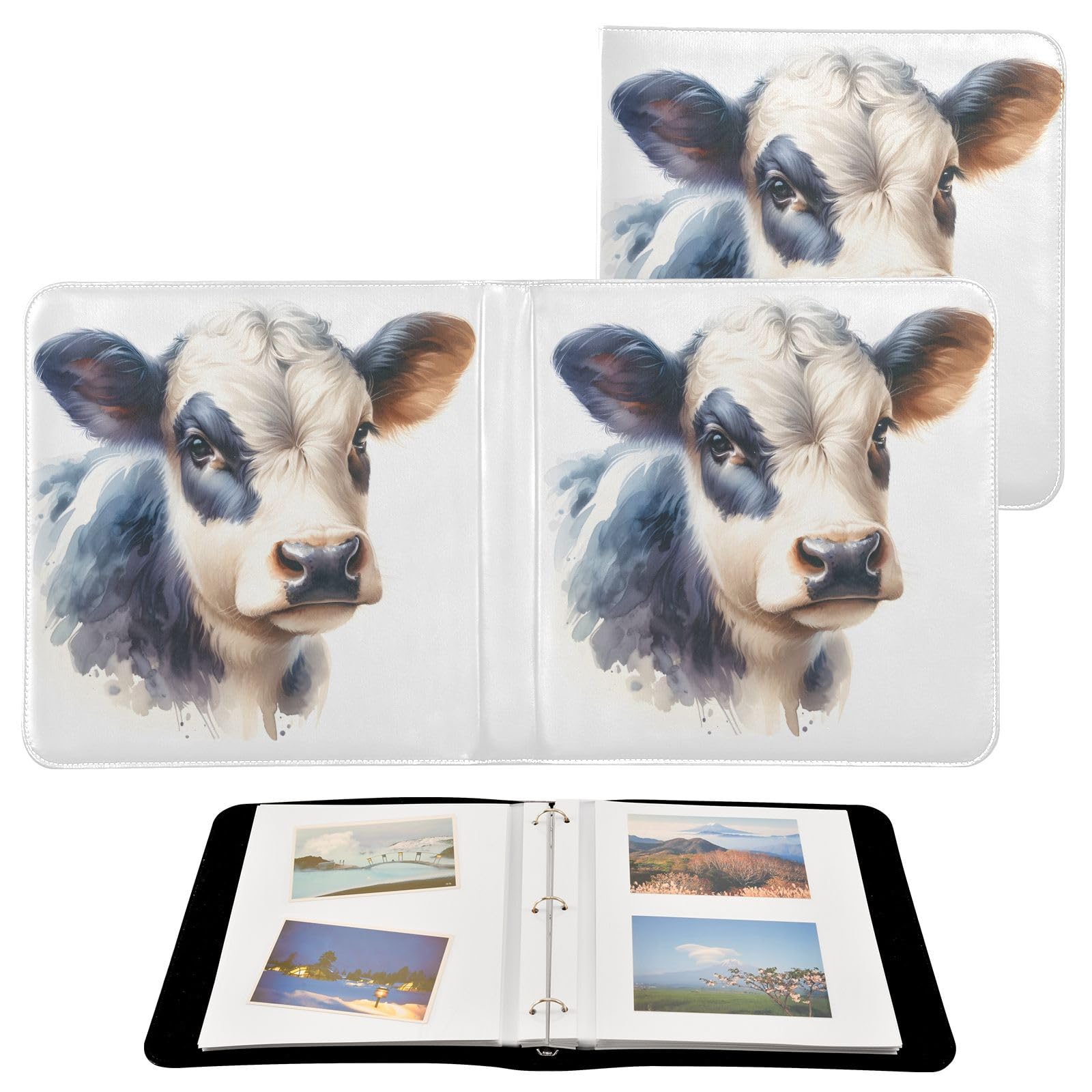 JIPONI Little Cow Watercolor Large Photo Album, DIY Leather Cover Scrapbook Albums for 4x6 5x7 6x8 Pictures, Self Adhesive Memory Book for Wedding, Baby, Family