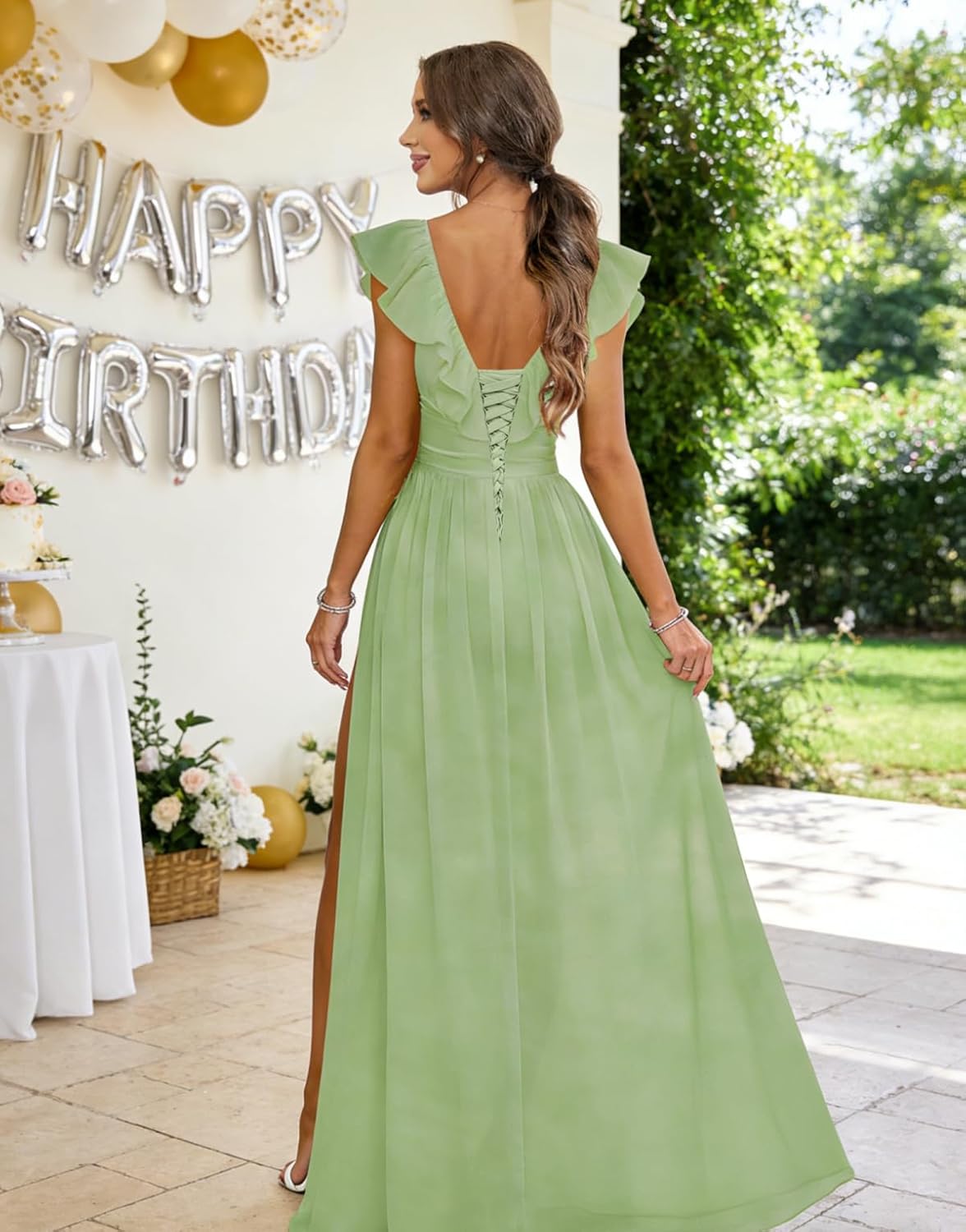 Chiffon Bridesmaid Dresses Long with Slit Maxi V Neck Formal Evening Dress with Ruffles SQZU001