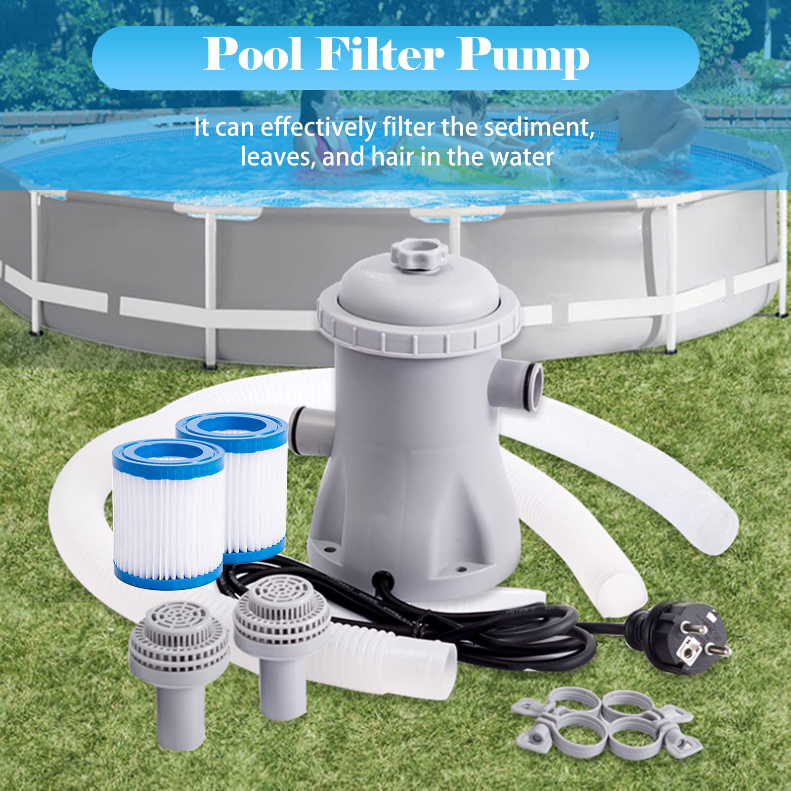 Kavolet Pompe de Filtration de Piscine, avec 2 Cartouches de Filtre de Piscine, 330 GPH Pompe à Eau électrique pour pataugeoire, Pompes de Piscine Hors Sol, Petite Pompe de Filtration de Piscine