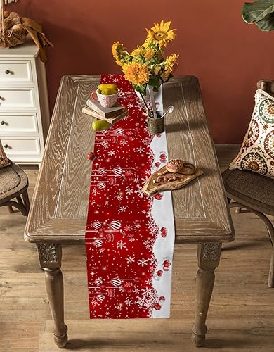 Miniatura 5 de Camino de mesa de lino y algodón de Feliz Navidad, adornos de bolas de Navidad, caminos de mesa rojo nieve para mesa de comedor, decoración de
