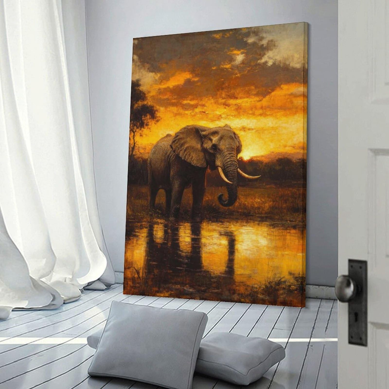 Junmoney Frame-Style-19 Elephant At Sunset Canvas Wall Picture, 24X36inch(60X90cm), For Study, Office Or Focused Interiors, Home Office Artwork With Decorative Appeal