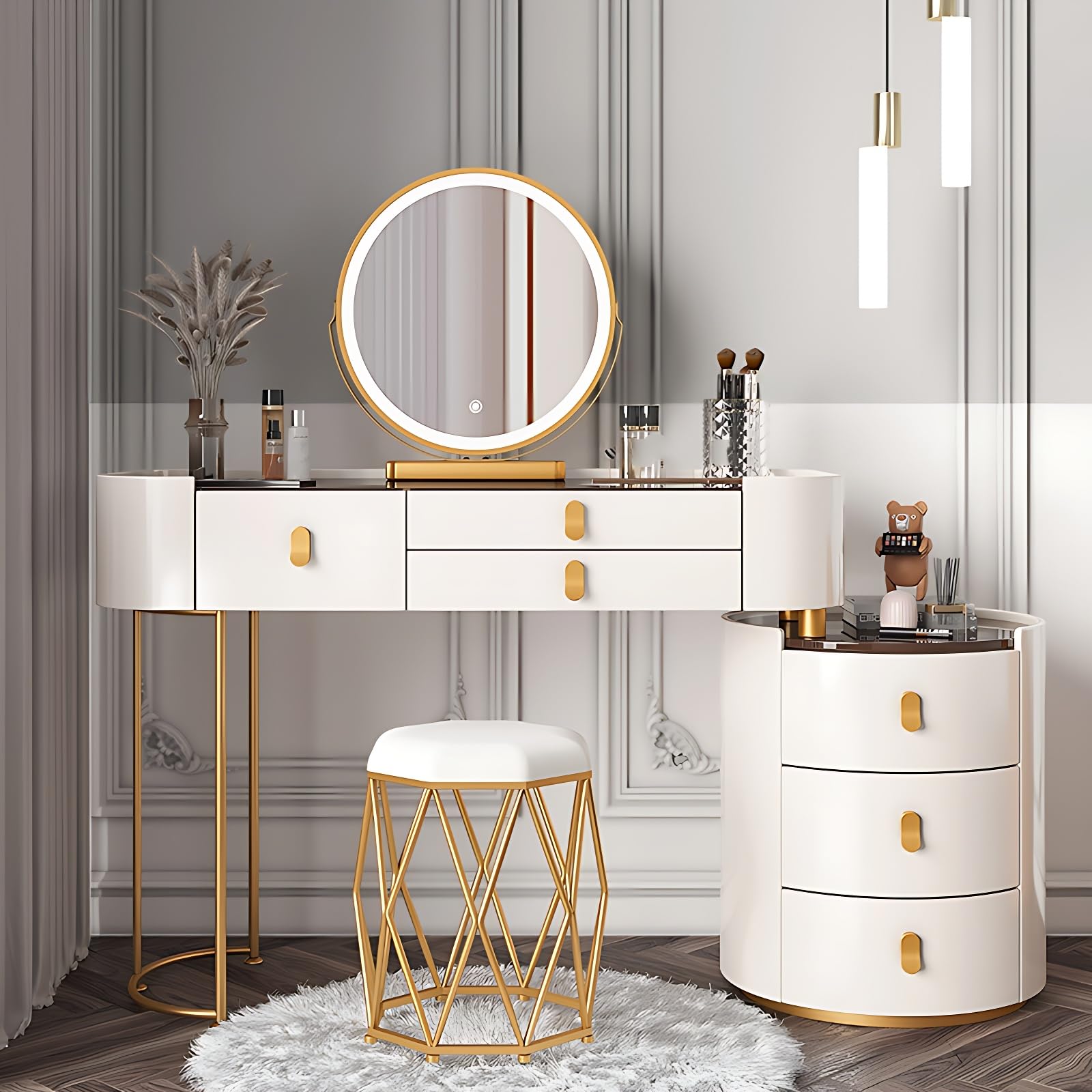 ZGNBSD Smart Make Up Vanity Desk with Mirror and Lights, Glass Top & Charging Station, Easy Installation (White Round Stool, 47.2”)