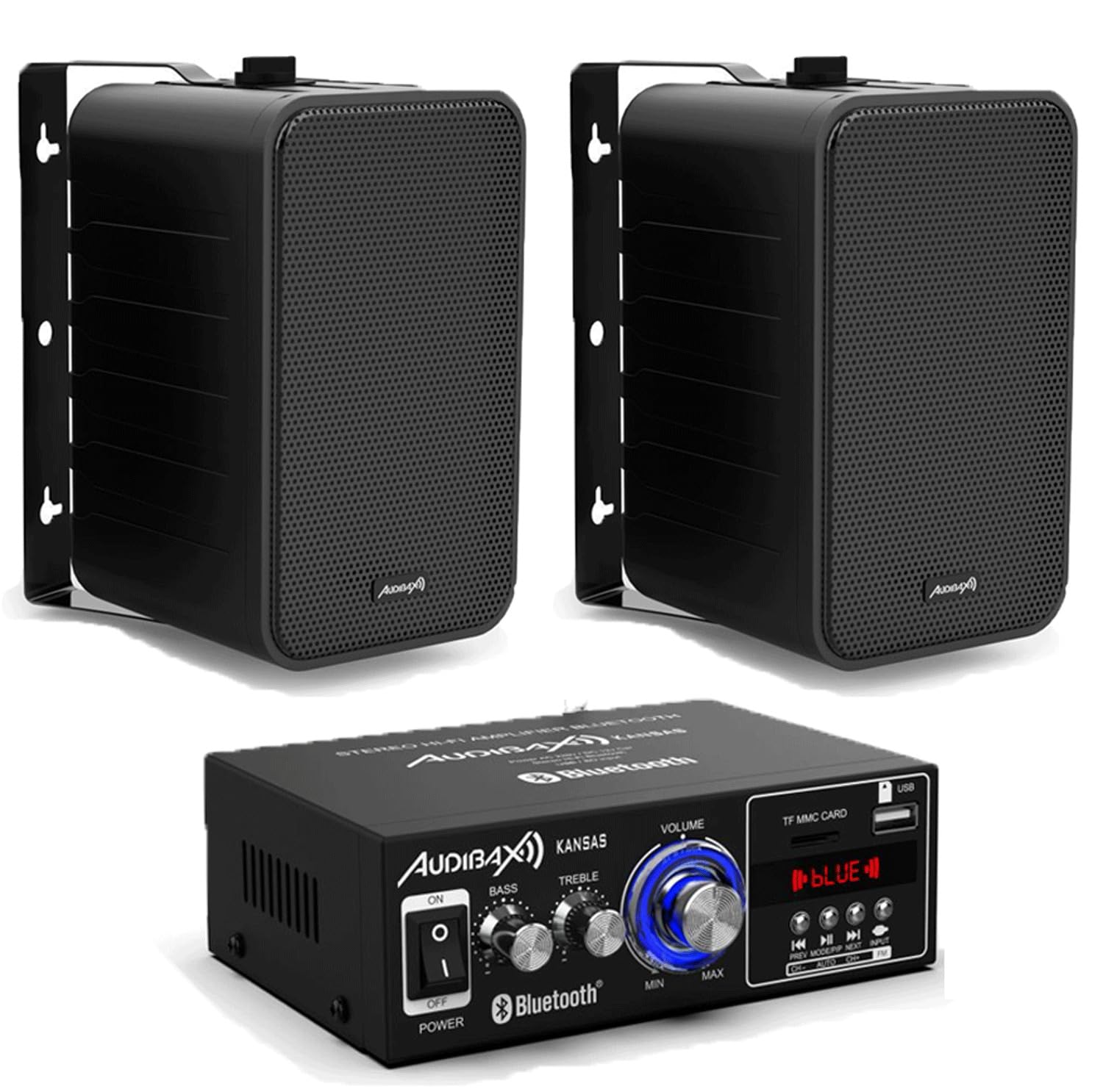 Audibax Equipo HiFi Bluetooth Kansas 40+40W + Altavoces Estantería PR-42B con Soportes de Pared
