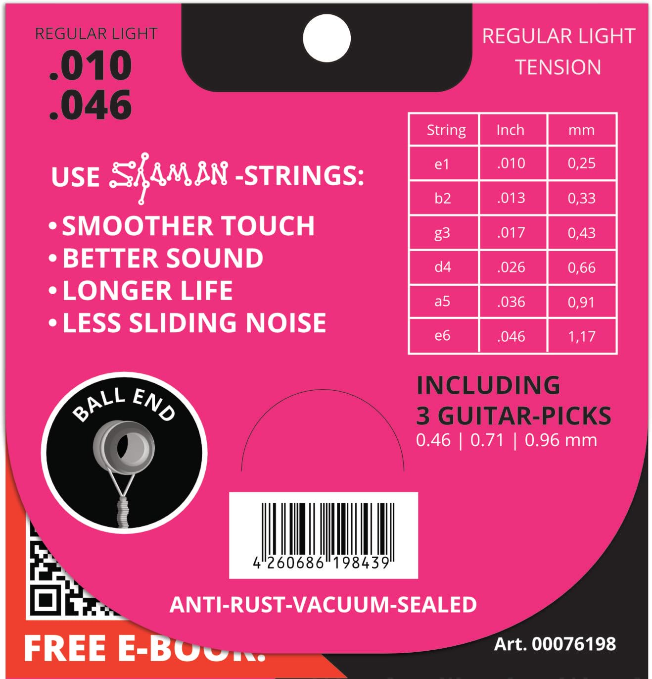 Shaman Electric Saiten für E-Gitarre inkl. 2 Ersatzsaiten und 3 Plektren | Kompletter Saitensatz für E-Gitarre, Custom Light Tension (.010, .013, .017, .026, .036 und .046), Alle Saiten mit Ball End
