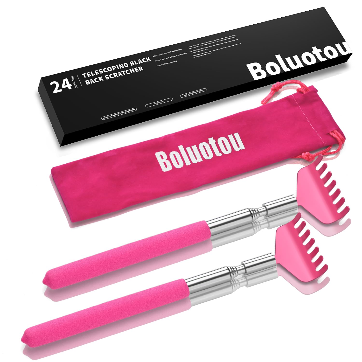 2 Pack Extendable Back Scratcher, Stainless Steel Telescoping, Pink Red