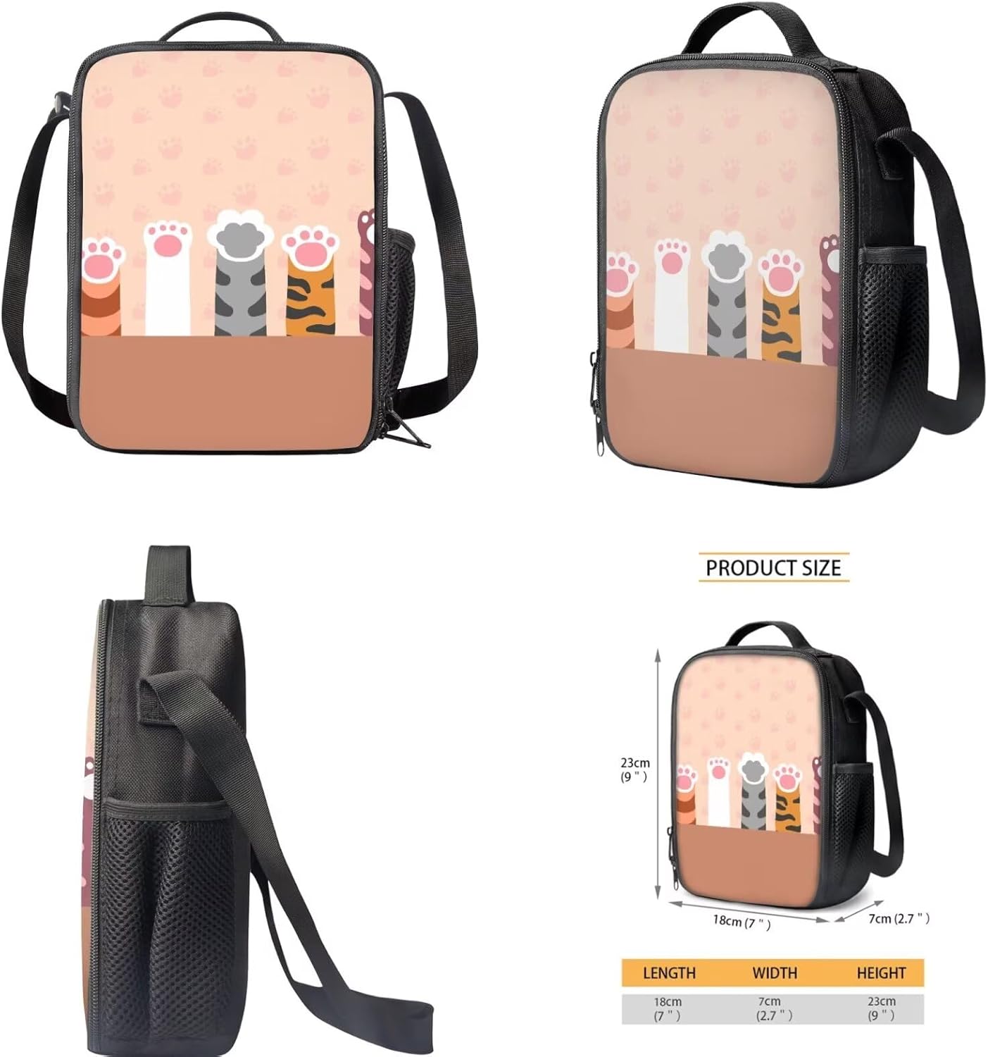 Cute Cat Paw School Backpack Set Backpack Lightweight Kids School Bookbag Girls Casual Daypack for Girls 4-5/6-8,Reusable Thermal Lunch Bag Large Capacity Pencil Bag Case