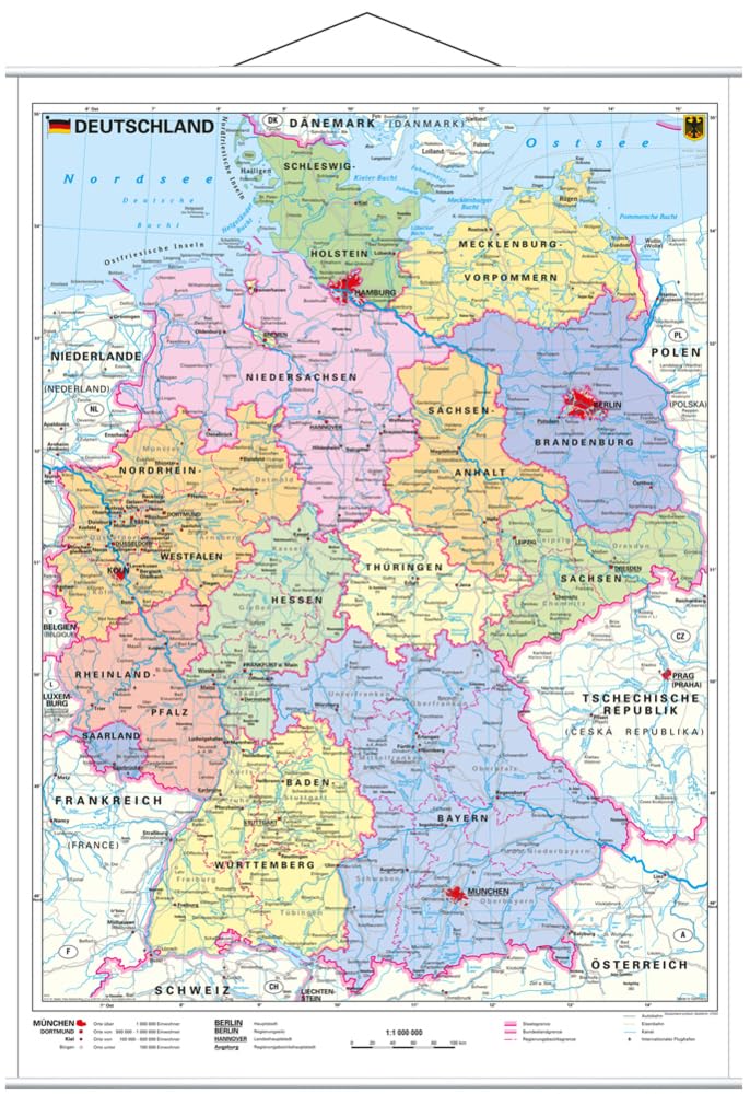 Deutschland, politisch 1 : 1 000 000. Wandkarte Kleinformat mit Metallstäben: Wandkarte mit Metallbeleistung