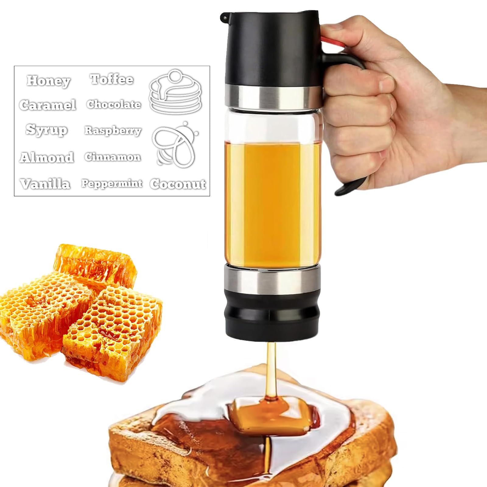 Dosatore Miele 350ml,Dispenser Miele In Vetro Antigoccia Con Etichetta,Barattolo Per Miele Con Con Rimovibile Coperchio Superiore E Inferiore, Per Miele Sciroppo Caffè E Altri Liquidi Per Dessert,Nero
