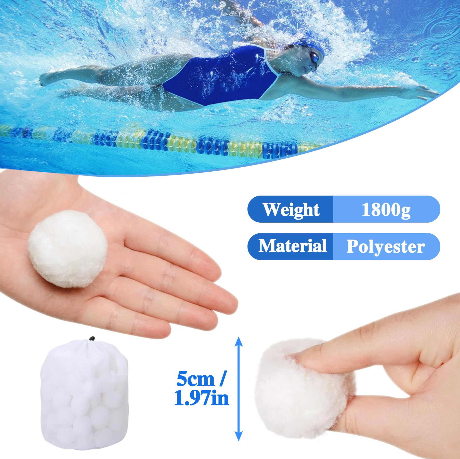 Balles filtrantes de piscine de 1,8 kg, balles filtrantes réutilisables pour filtres à sable de piscine, balles filtrantes bleues légères, remplacent le sable filtrant de 68 kg, adaptées pour les