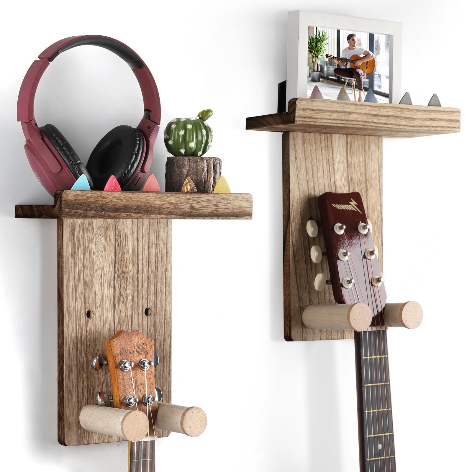 VINCOURNA Guitar Wall Mount with Shelf,2Pack Wooden Guitar Holder Hanger Hook Multifunctional Rack Bracket Stand Easy Install for Electric Guitar Bass Acoustic Ukulele Violin Mandolin-Carbonized Black