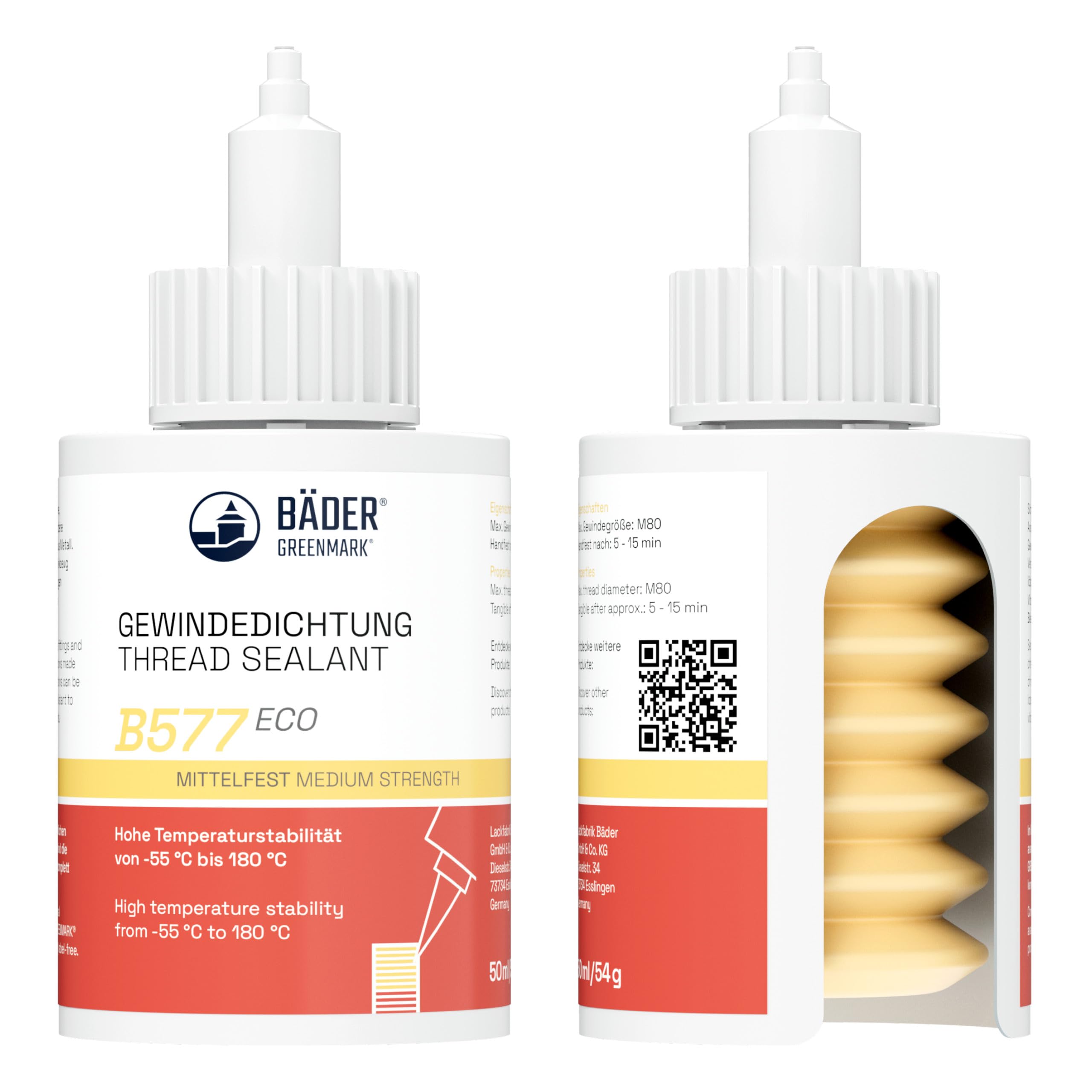 BÄDER Thread Sealant B577Eco Medium Strength Yellow 50ml bottle - High Temp Gasket Sealant, Fluorescent - Works on all Metals and Threads, for Large Threads - Made in Germany