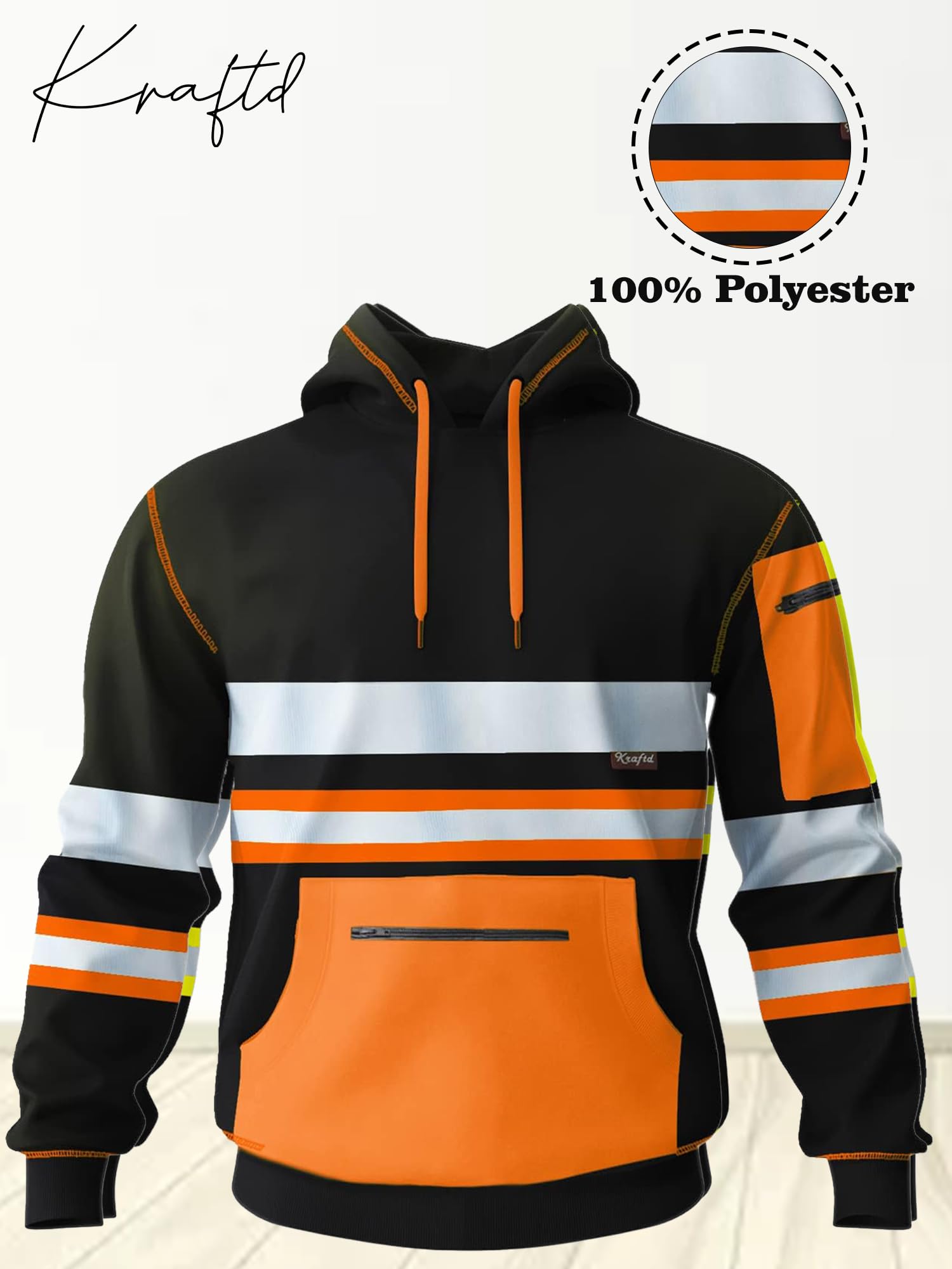 kraftd Mens Hi Vis Hoodie High Viz Hooded Sweatshirt Workwear Hoody With Reflective Tape — view 6