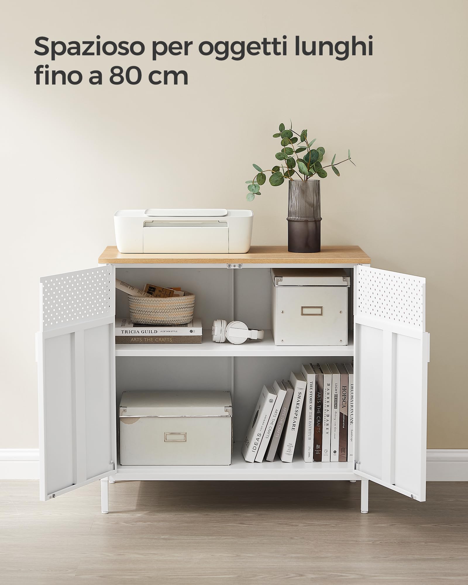 SONGMICS Mobile, Organizzatore, Armadio in Metallo, con Doppia Anta, Chiusura Magnetica, Ripiani Regolabili, Struttura in Acciaio, 40 x 80 x 76 cm, Beige Naturale e Bianco LSC102W57