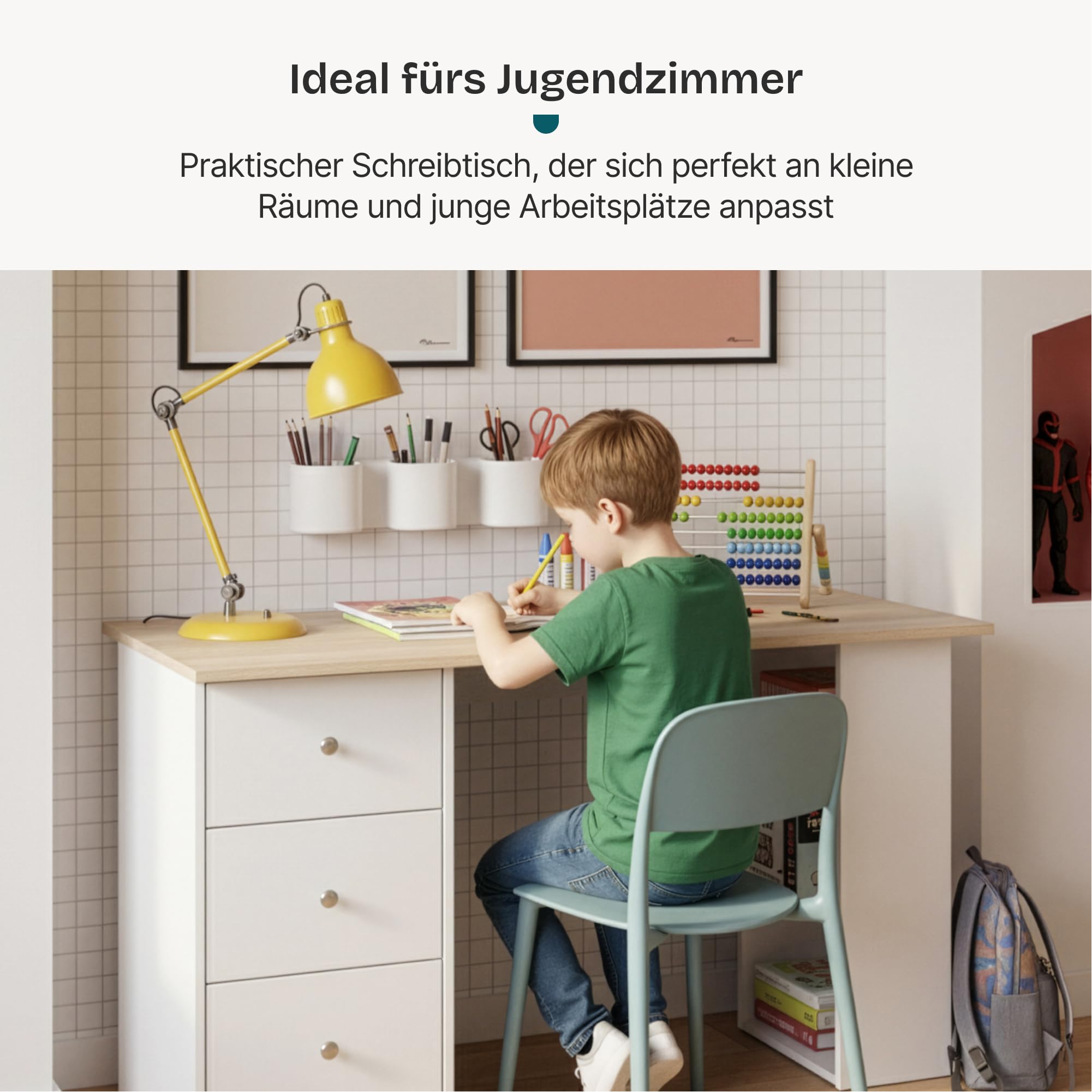 [en.casa] Schreibtisch Lemberg Computertisch 120 x 49 x 72 cm Bürotisch mit 3 Ablagefächern und 3 Schubladen Arbeitstisch Weiß/Eicheoptik