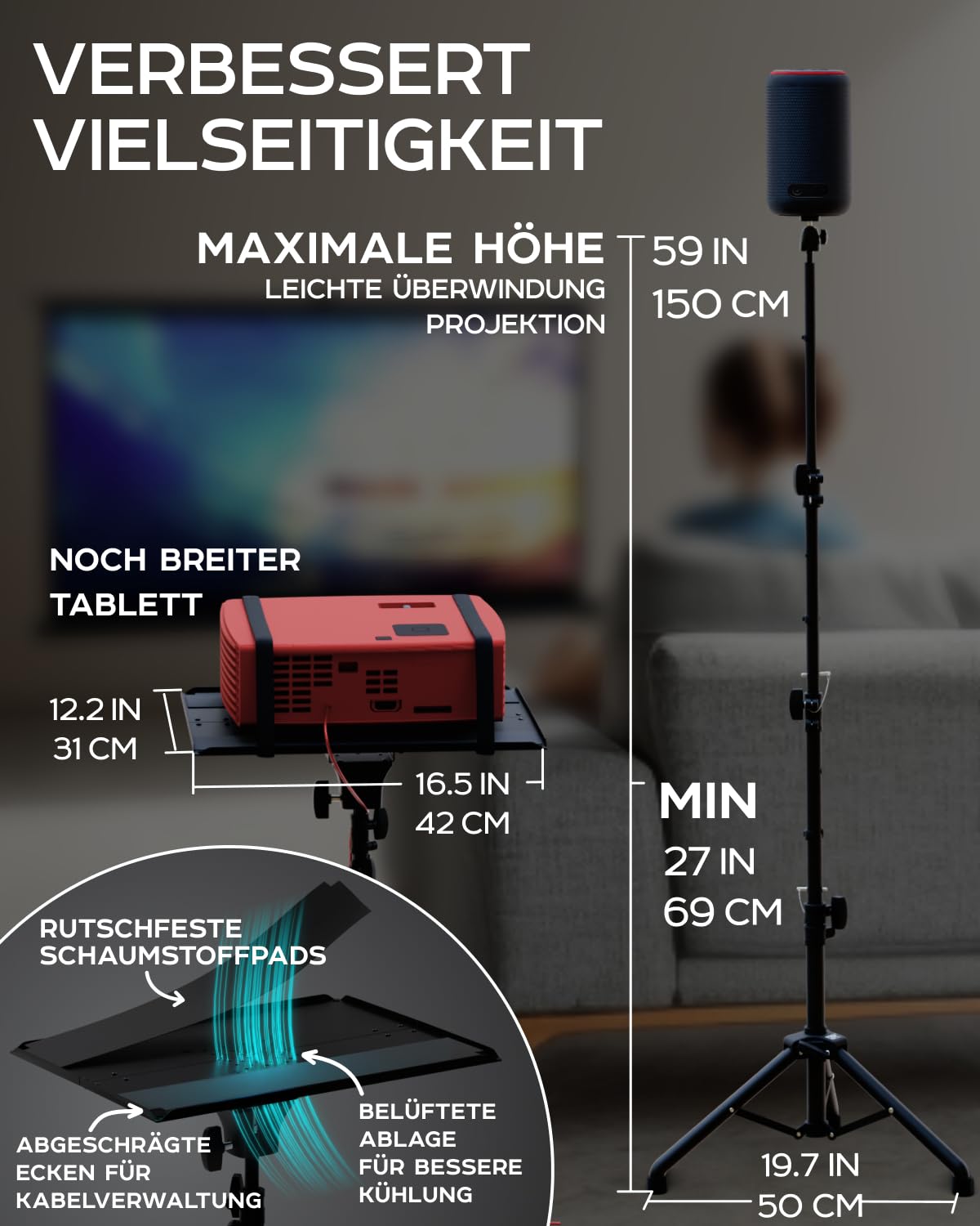 Projektor-Stativ, höhenverstellbar 27"-62" & Boden-Projektor-Stativ, tragbarer Laptop-Ständer, Kamera & Licht & Kugelgelenk – gut verarbeitet, einfach zu justieren, DJ-Rack & Musik- oder Filmständer