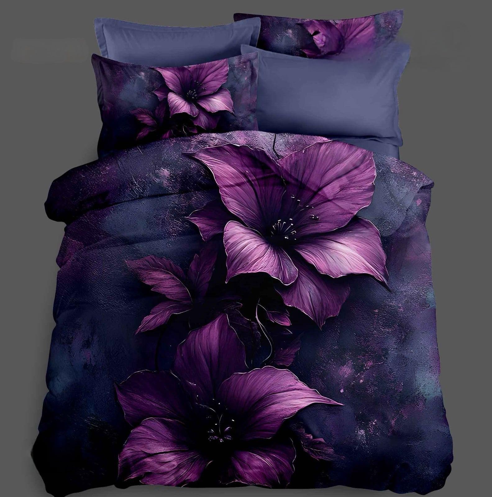 Purple Floral Duvet Cover Set with Pillowcases, Dark Botanical Classic Bedsheet Size 90x100 Inch-image-8