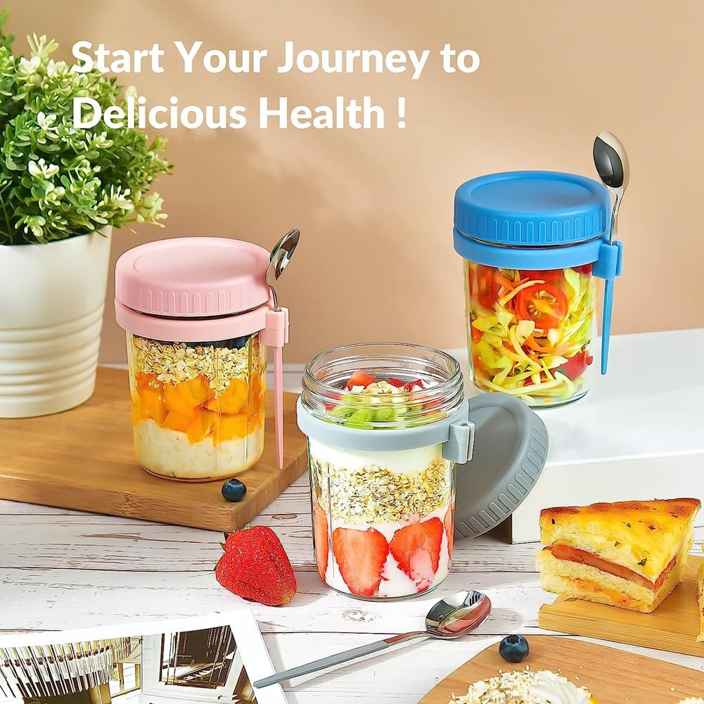 CROIRE Confezione da 4 contenitori Overnight Oats con coperchio e cucchiaio, in vetro e plastica per Overnight Oats, contenitori per fiocchi d'avena a prova di perdite