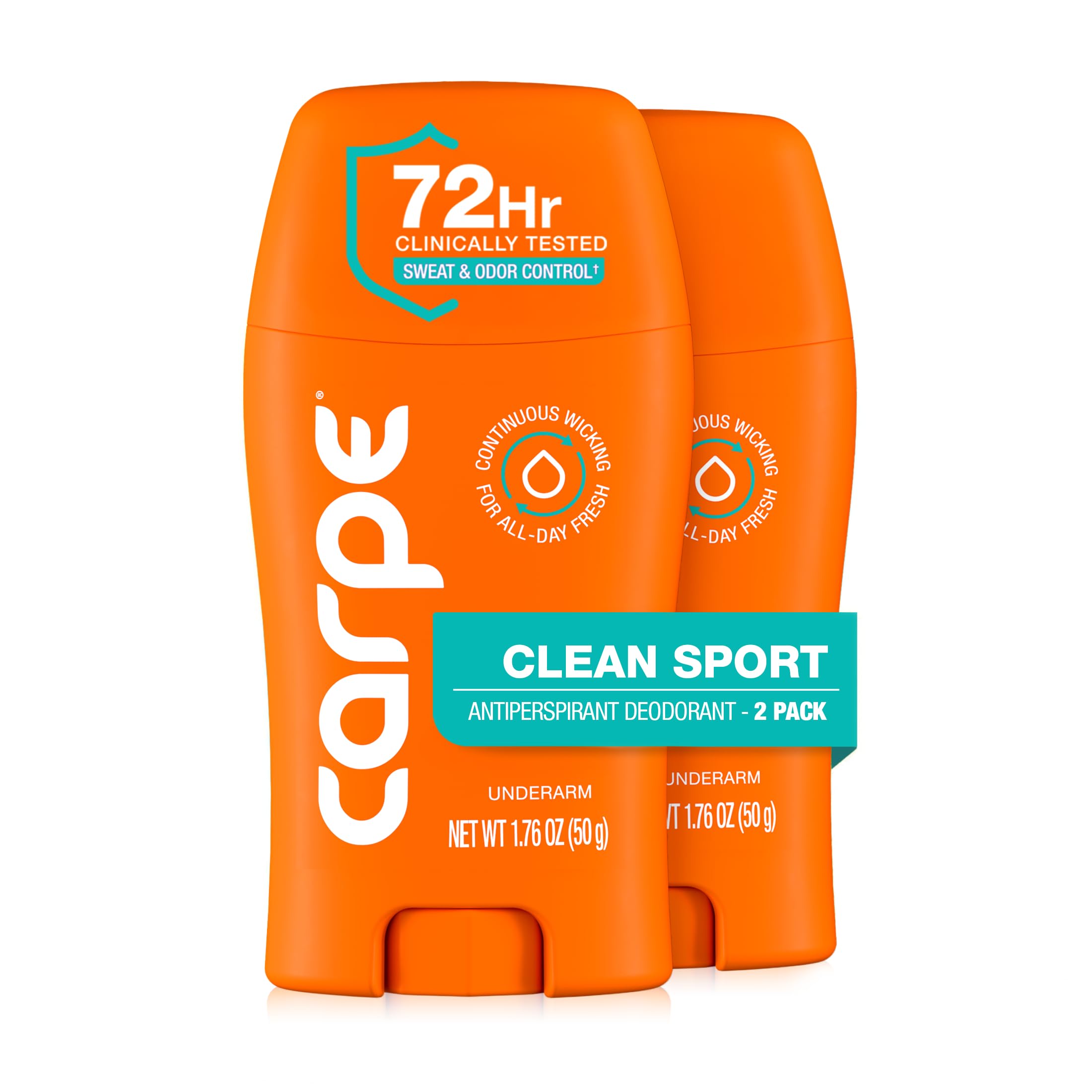 Carpe Deodorant Underarm Antiperspirant - Advanced Sweat & Odor Protection Formula - Sport Deodorant for Men & Women - Combat Excessive Sweating with Odor Control - Clean Sport Scent (Pack of 2)