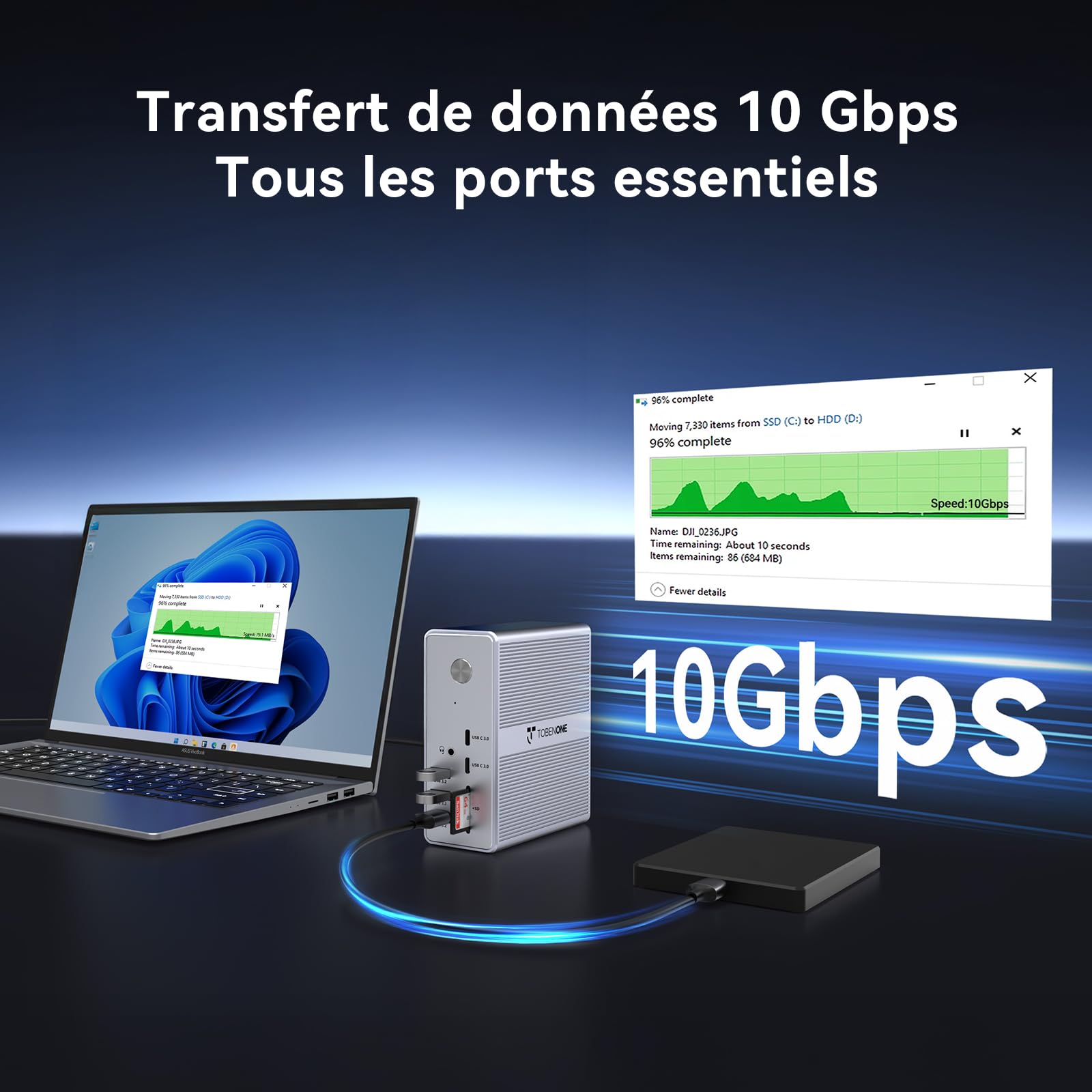 TobenONE Station d'accueil DisplayLink Triple Écran 4K et Alimentation 120W