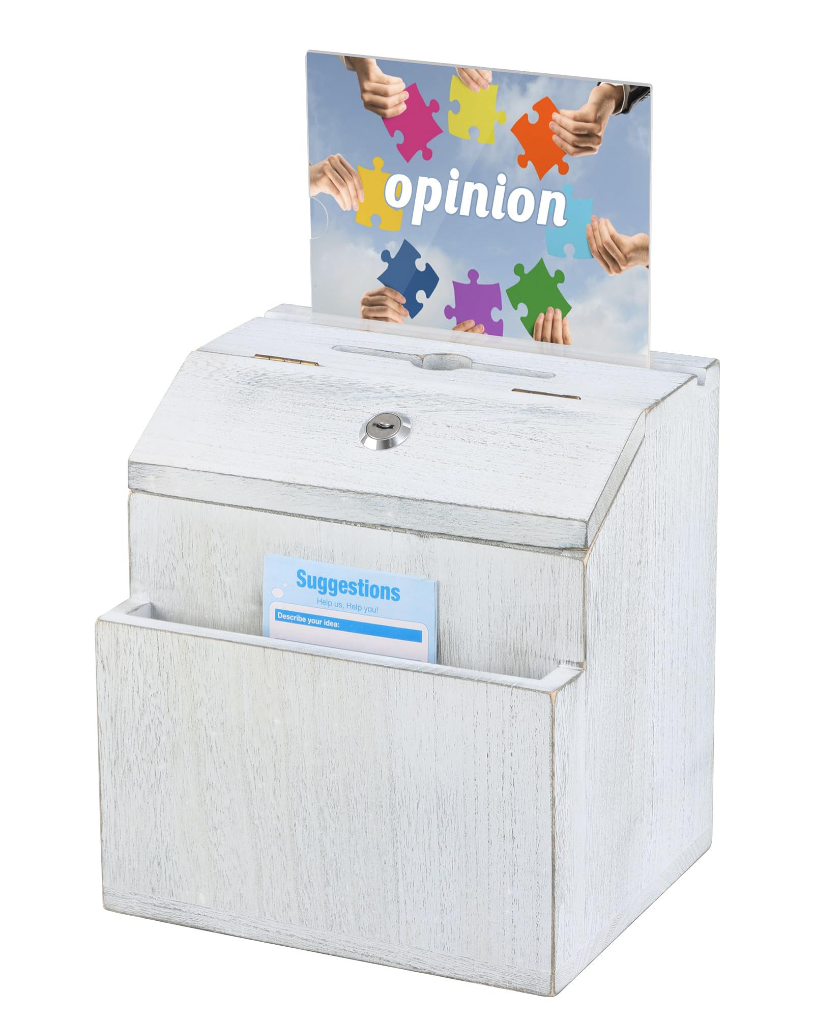 KYODOLED Wood Suggestion Box with Lock, Rustic White Ballot Box Donation Box, Key Drop Box with Acrylic Sign Holder and 30 Free Suggestion Cards, Wall Mounted or Freestanding, 9H x 6.9W x 8.5L Inch