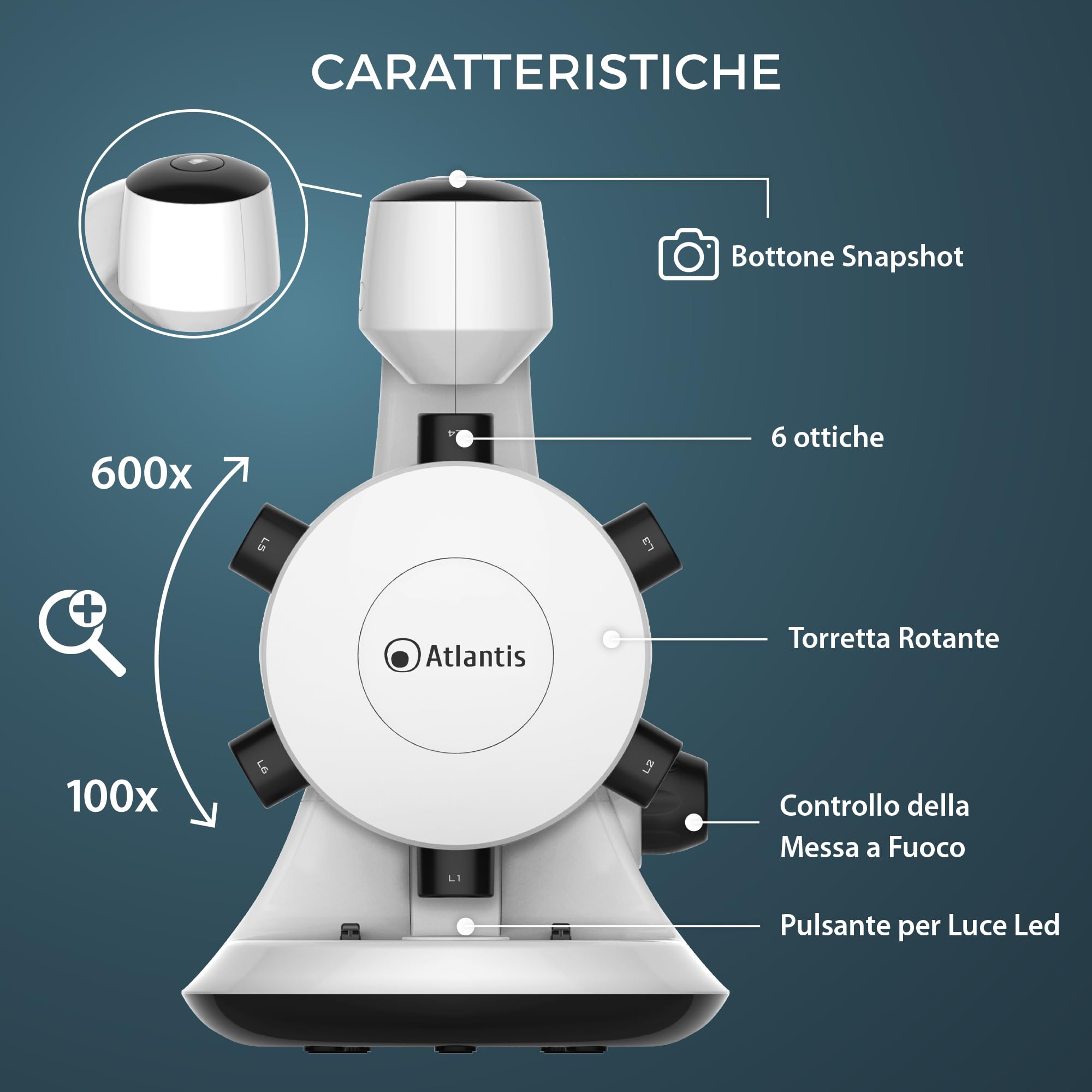 Microscopio Digitale USB Atlantis E45-MS737. Risoluzione UXGA 1600x1200. 6 ottiche di ingrandimento preimpostato da 100x a 600x. Messa a fuoco, Illuminazione superiore ed inferiore. PC, MAC e Android