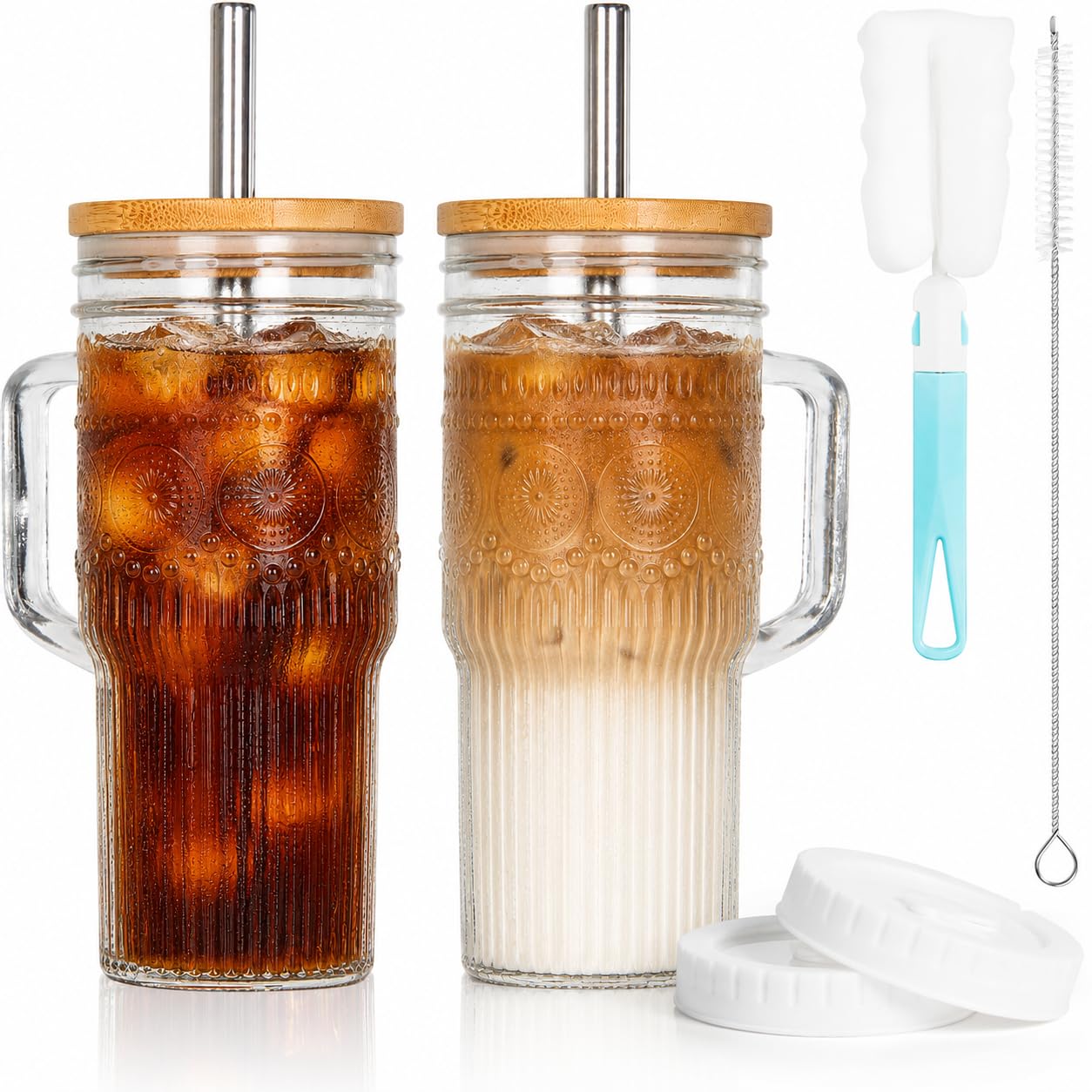 Photo 1 of JunVpic Glass Tumbler, 24 oz Ice Coffee Cups with Bamboo Lid and Handle