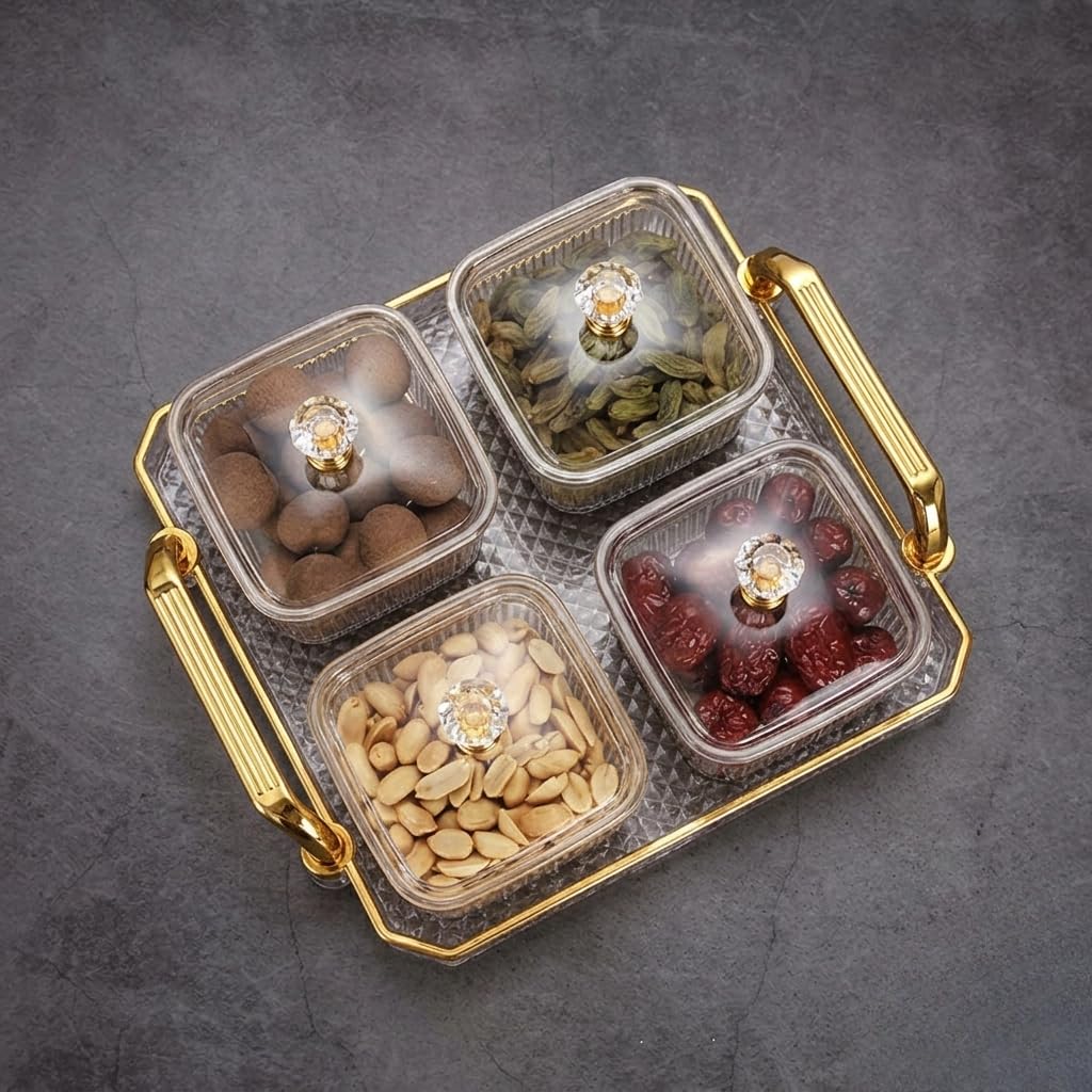 Airtight Dry Fruit Container Tray Set with Lid & Serving Tray - Snack, Nuts, Chocolates & Mukhwas | Snack Serving Bowls Serving Tray with 4 Bowls & Lid Multi-Function Storage Box Desk Organizer Tray-image-11