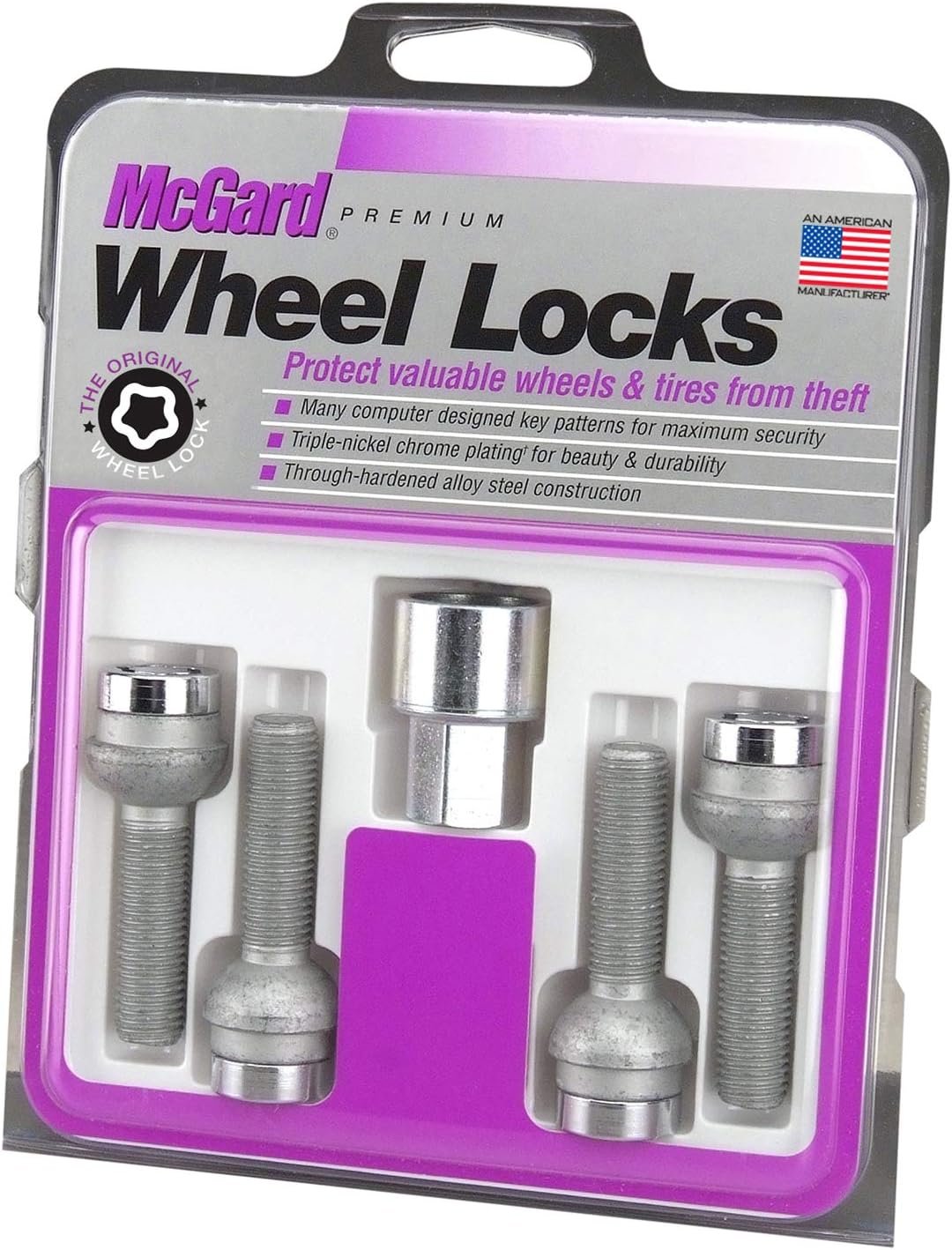 McGard 28023 Chrome Bolt Style Radius Seat Bolt Locks (M12 x 1.5 Thread Size) - Set of 4, 4 Locks / 1 Key