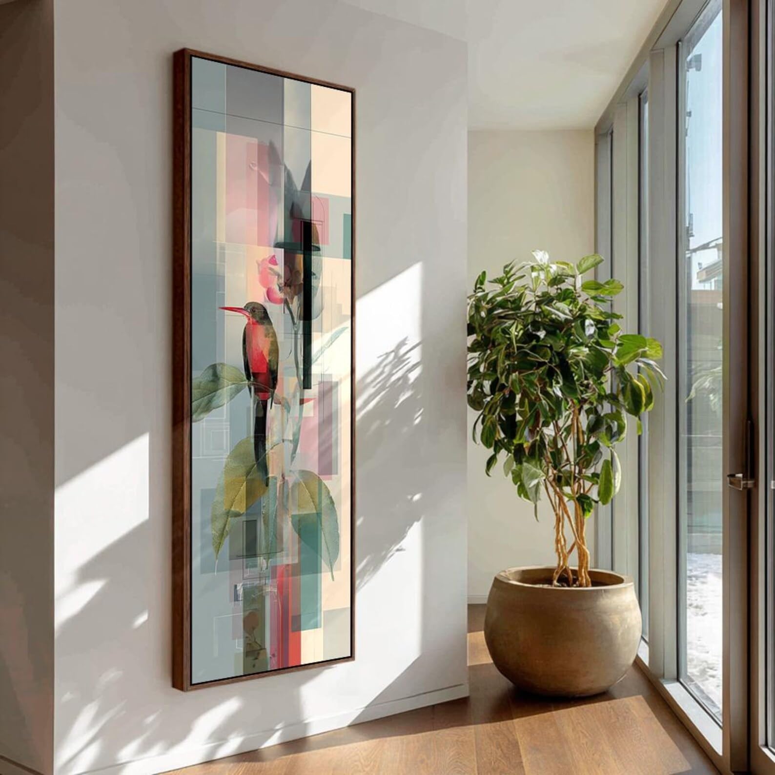 YUSUZHU Large Canvas Artwork, Large Canvas Print Framed, Vertical Bird Wall Art,Abstract Slender Branch Canvas, Animal Home Decor(45x135cm/Frameless)